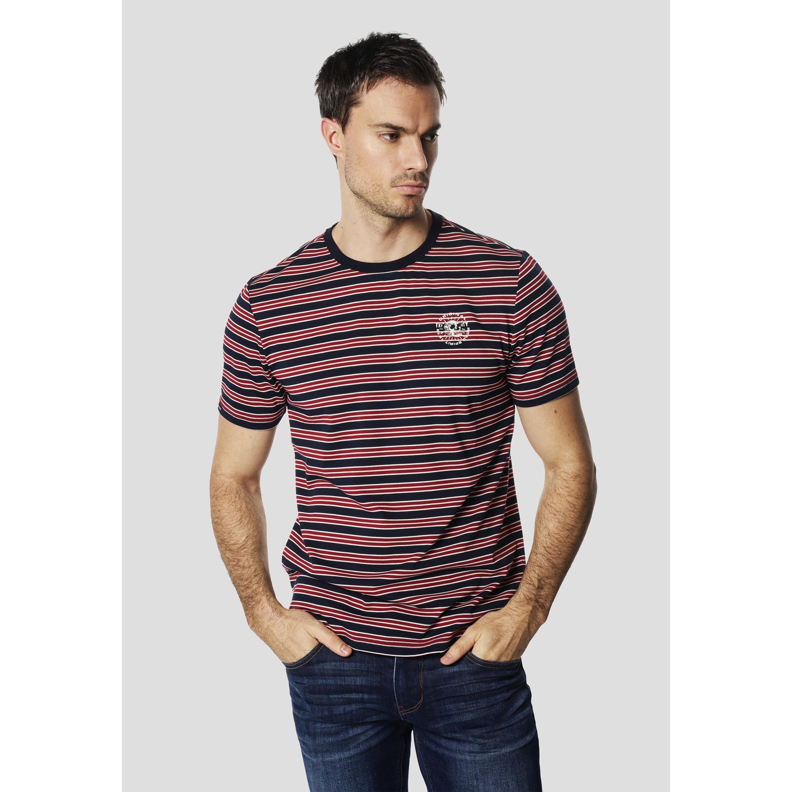 Koroshi - Camiseta hombre manga corta rayas rojo, navy y blanco con bordado clásico en el pecho, de algodón, corte regular