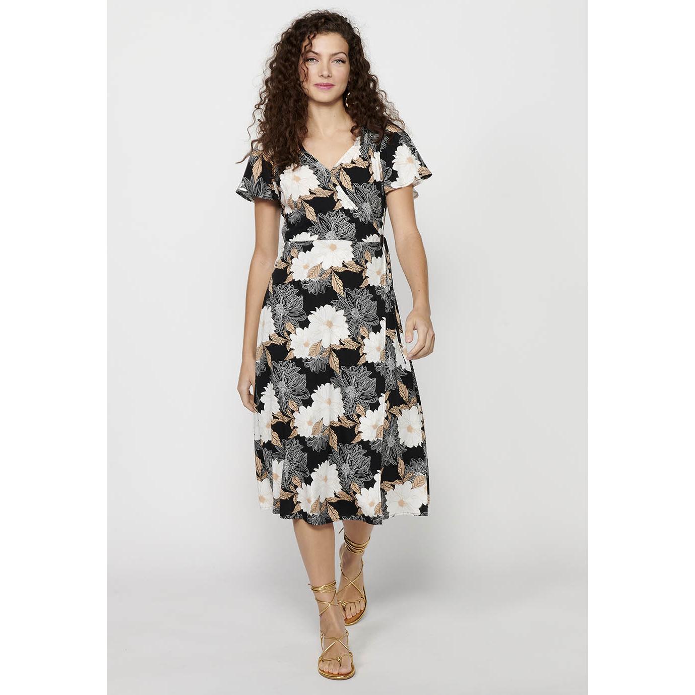 Koroshi - Vestido corto floral con escote pico cruzado para entretiempo y verano, de viscosa 100 % fluida y forro interior de poliéster opaco