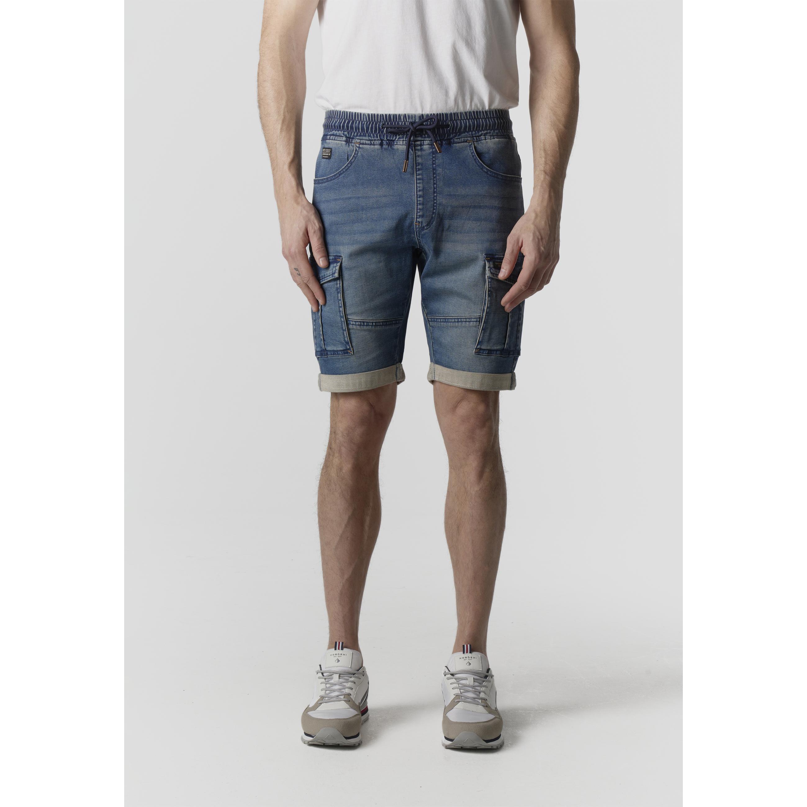 Koroshi - Short jogger cargo en denim de punto elástico para hombre, con cintura elástica y bolsillos cargo, azul medio