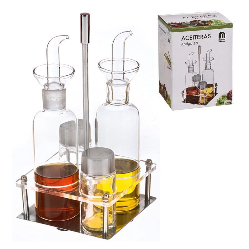 Set de 4 Aceiteras Antigoteo, Botellas de Cristal con Boquilla Antifugas de Acero Inoxidable, Dispensadores para Aceite, Vinagre y Salsa de Soja, Ideal para Cocina, Barbacoa y Exteriores
