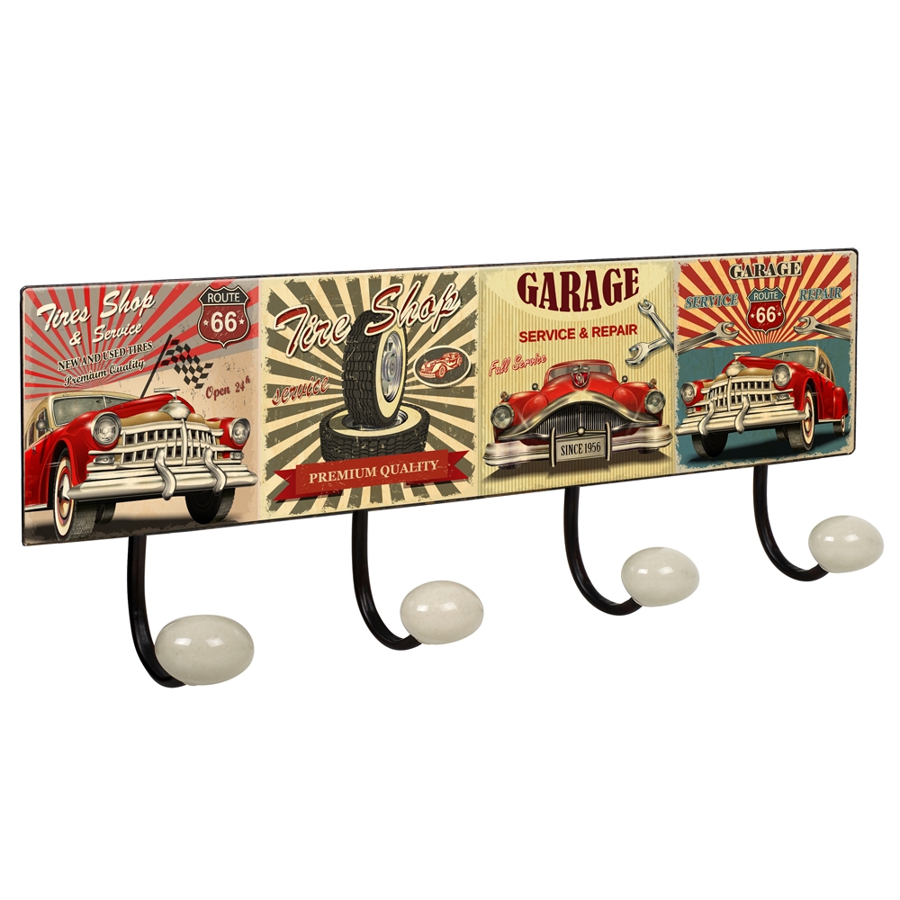 PERCHA Pared Vintage 4 Ganchos Porcelana GARAGE Retro 400x155MM