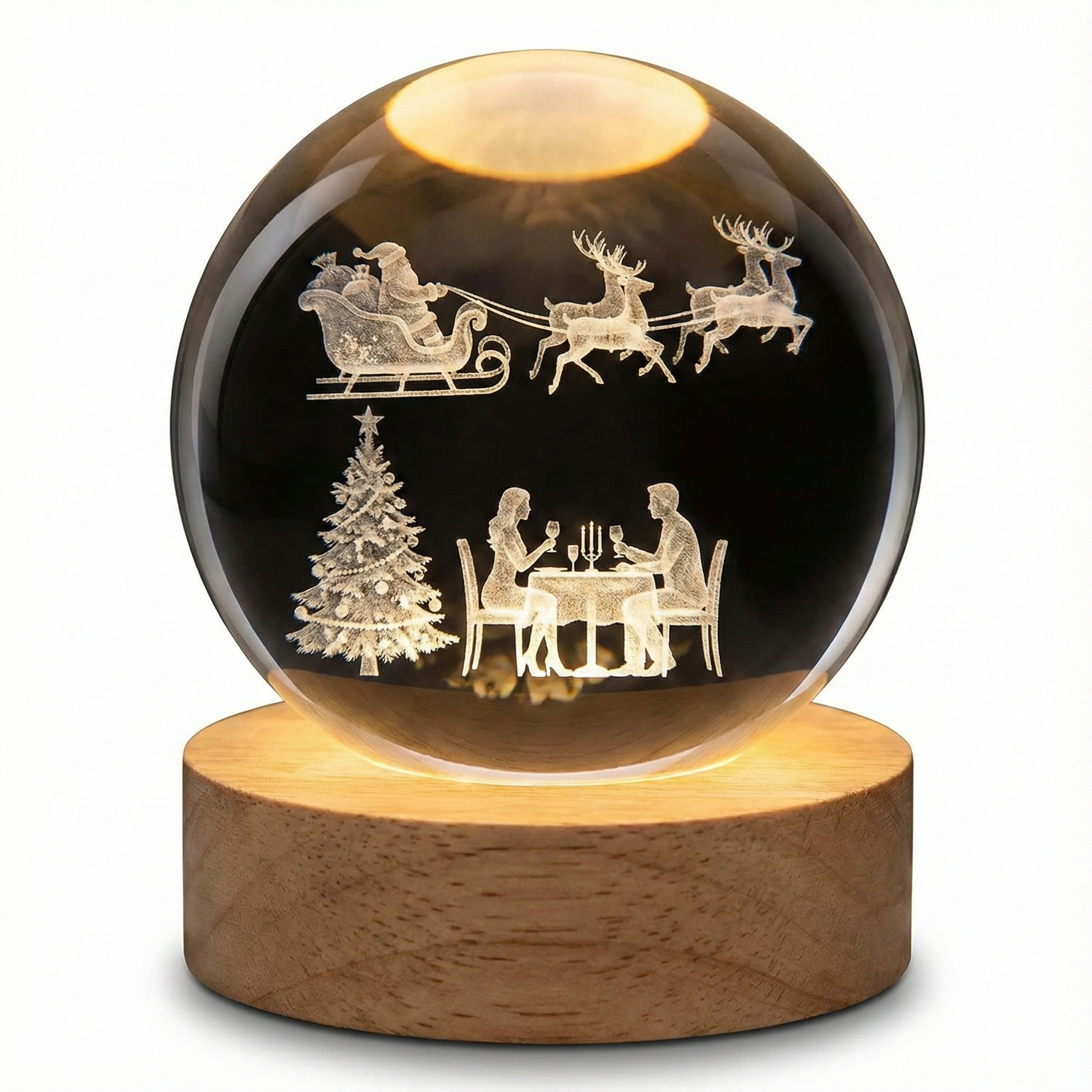 SODANY Bola de Cristal 3D Luz Nocturna LED Navidad Santa Claus 6cm Base Madera USB