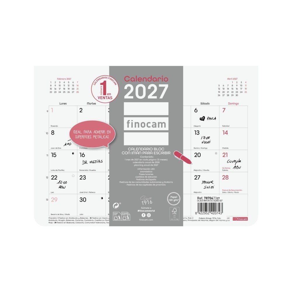 FINOCAM CALENDARIO BLOC IMAN CHIC ESCRIBIR S 2027 BLANCO CALENDARIO ANUAL