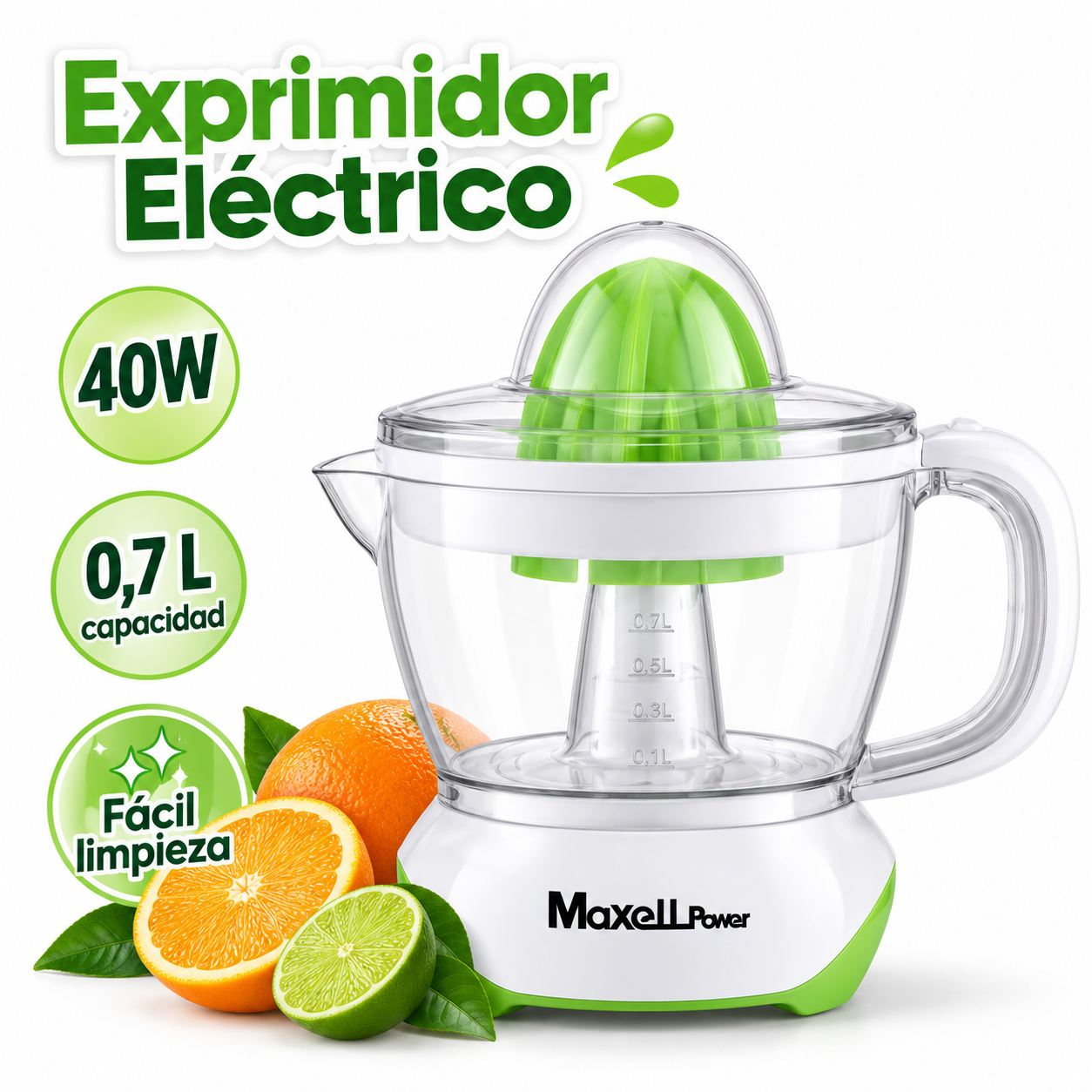 maxell power exprimidor eléctrico 40w 0,7l, exprimidor de cítricos desmontable con jarra transparente, fácil limpieza para naranjas, limones y zumo natural Maxell