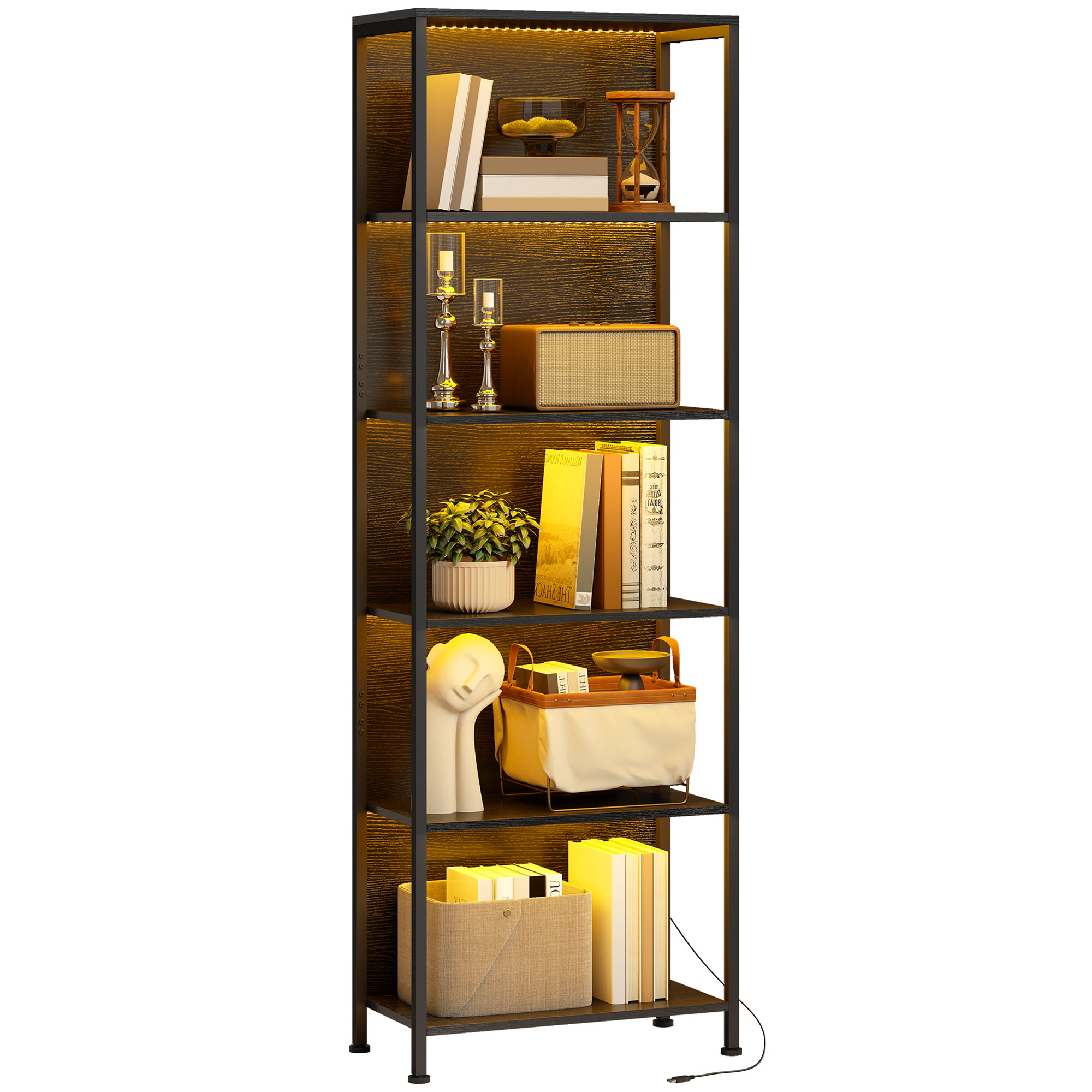 HOMCOM Librería de 5 Niveles con Luces LED de 7 Colores, Estantería para Libros, 60x30x179 cm, Estantería Industrial con Marco de Acero, para Salón, Dormitorio, Estudio, Oficina, Negro