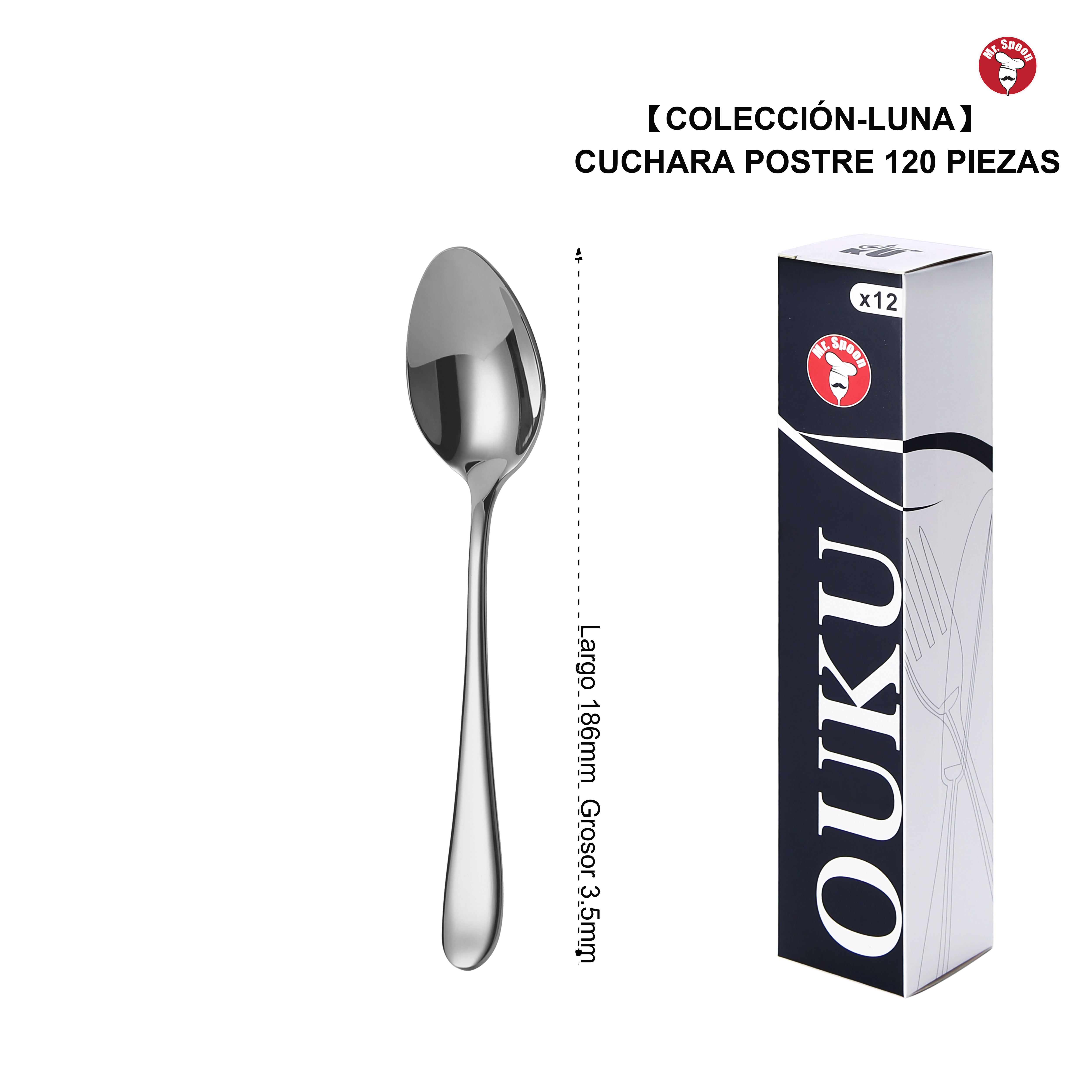 Mr.Spoon Serie Luna Cucharas 12, 48 o 120 piezas,Acero inoxidable 18/10,Alta calidad y acabado,Cuchara sopera largo 206mm,cuchara postre186mm,cuchara té y café 138mm/115mm,Mango monobloque,Apto para lavavajillas,Caja ecológica,Para casa,hotel,restaurante