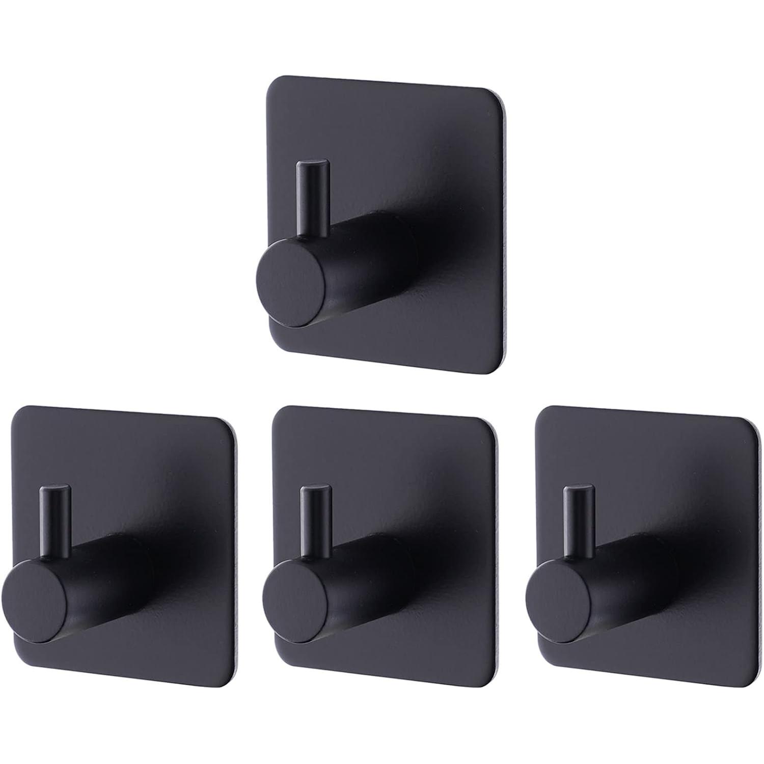 Ganchos Adhesivos para Pared Negro,4 Piezas Colgador Toallas Adhesivo Acero Inoxidable, Toalleros de Baño sin Taladro para Trapos Albornoz Cocina