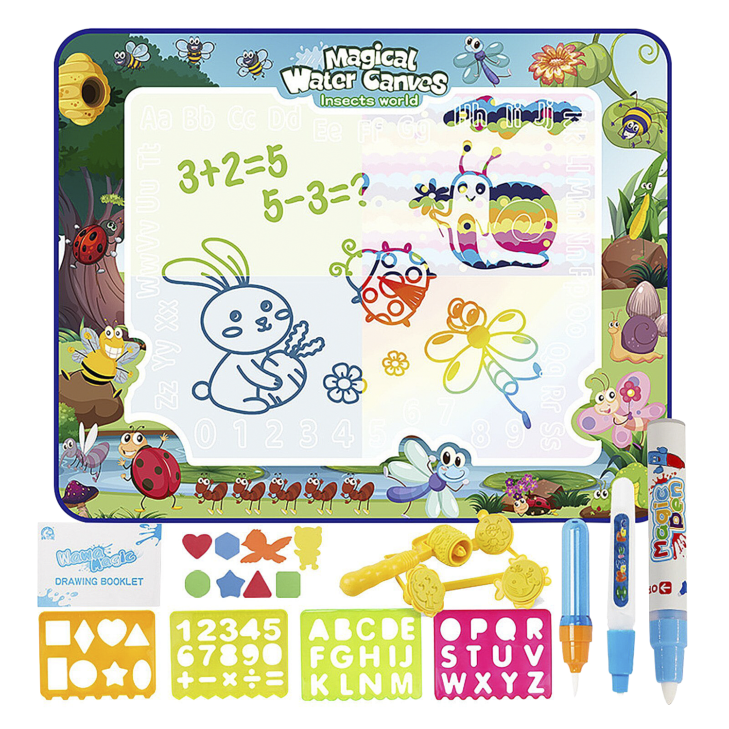 DAM. Pizarra infantil para dibujar con agua de 100x80cm. Diseño insectos. Incluye 3 rotuladores de agua, plantillas de dibujo y escritura, 4 tampones con formas y 8 figuras de EVA. 100x80x3cm.