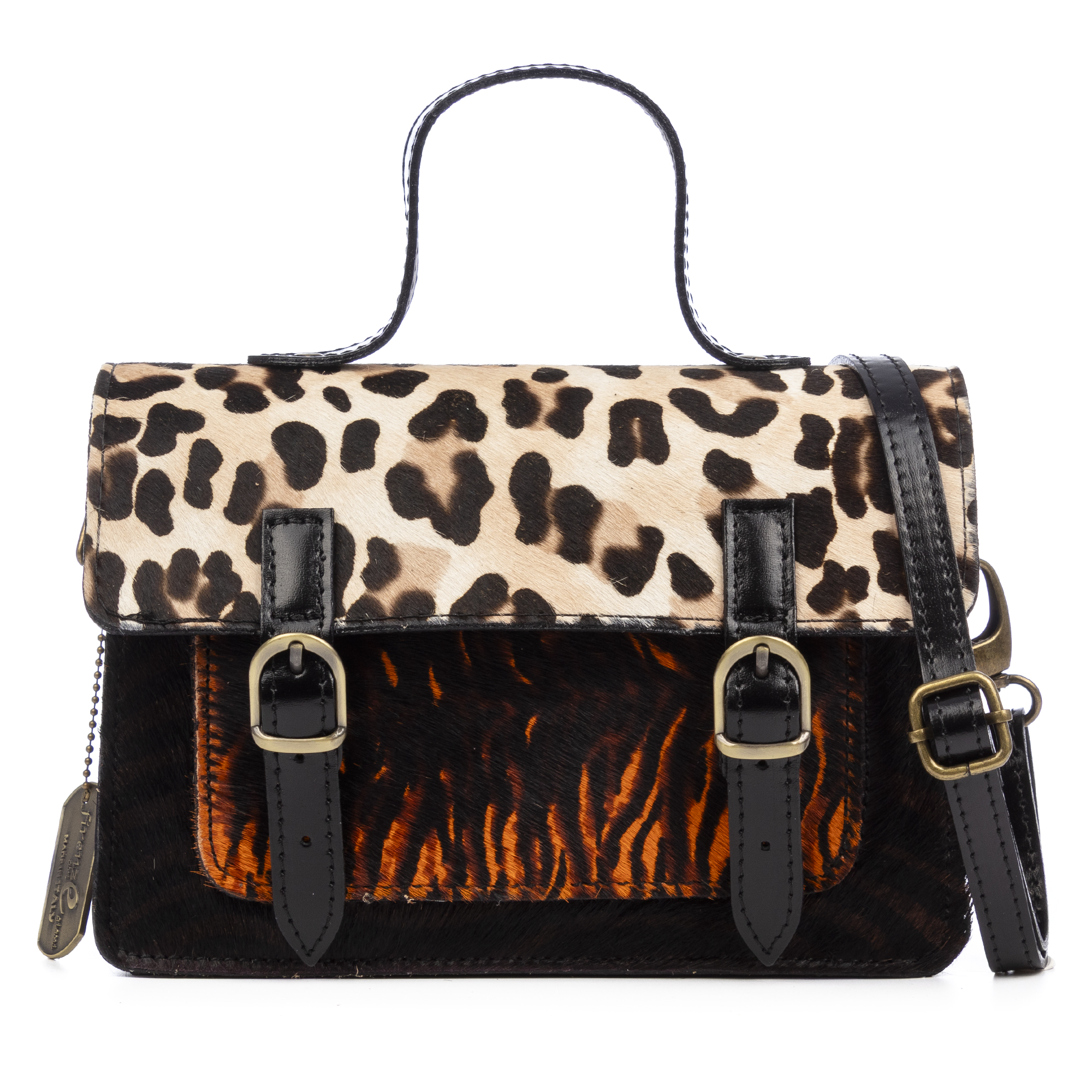 FIRENZE ARTEGIANI Assoro bolso Satchel con doble hebilla, piel auténtica Cavallino animal print. Fabricado en Italia 24x8,5x18 Cm. Color: Multicolor