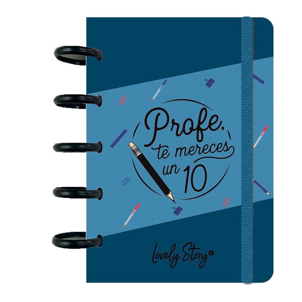 Cuaderno A6 para Profe “Te Mereces un 10”, cuadriculado, encuadernación de anillas con goma elástica, tapa azul con diseño de lápiz, ideal como regalo original para profesor