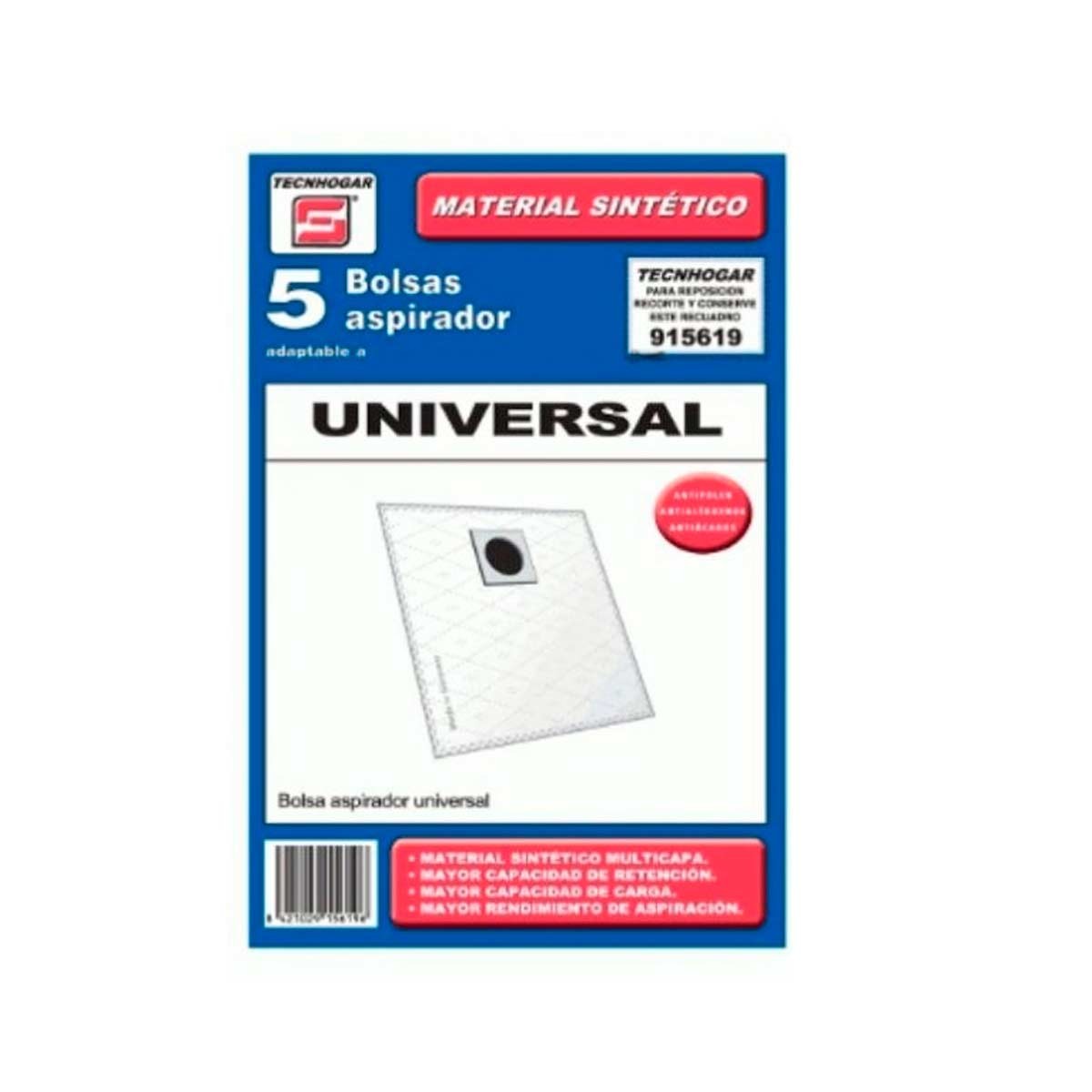 Bolsa Sintetica Aspirador Ufesa UNIVERSAL 5 UNIDADES 915619, Saco Aspirador Sintético Multimarca Tecnhogar