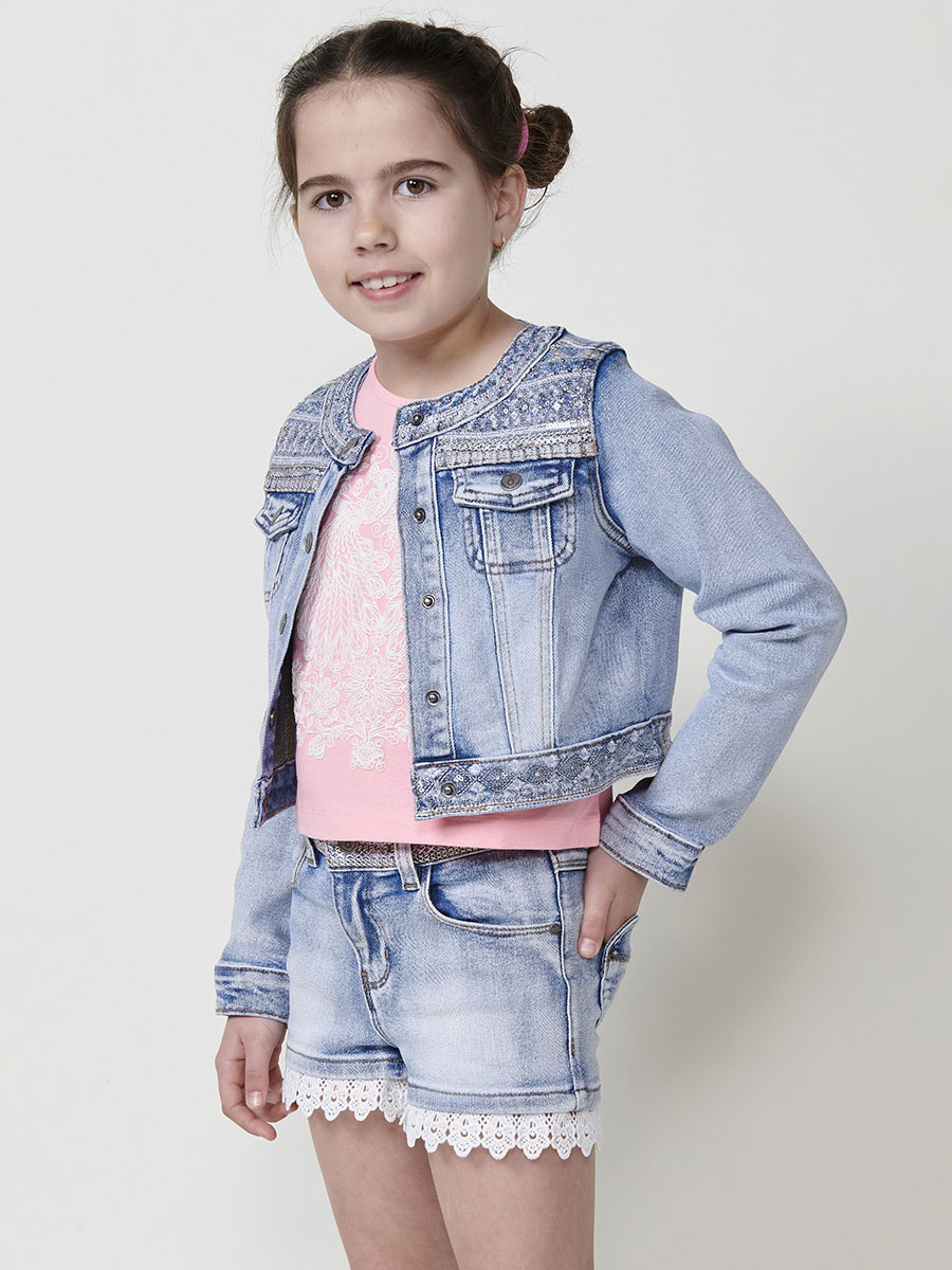 Koroshi - Chaqueta vaquera para niña con cuello redondo brillante, tejido elástico 71% algodón y pedrería, azul claro