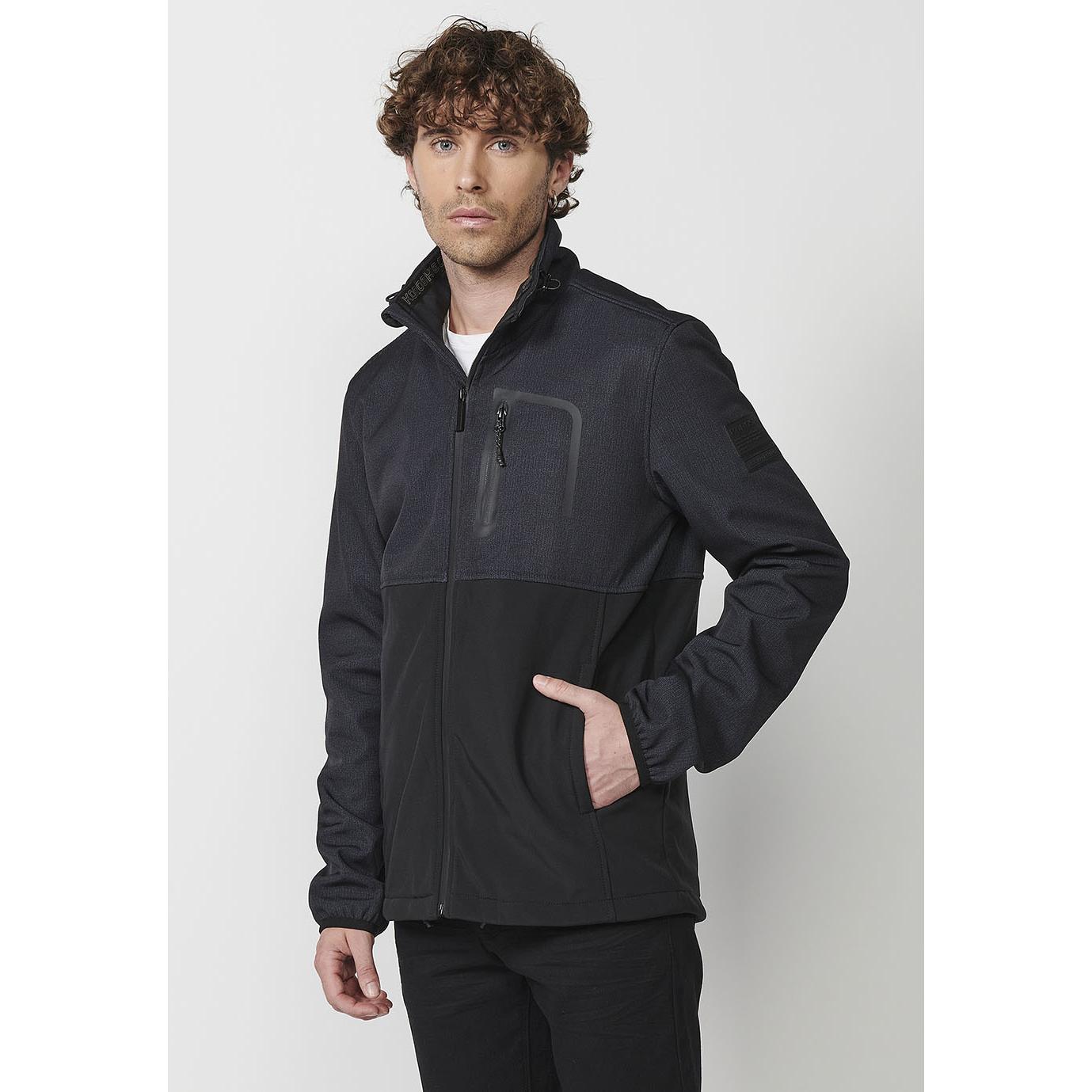 Koroshi - Chaqueta cazadora cuello alto en dos tonos para hombre, de poliéster 100 %, diseño urbano entretiempo negro