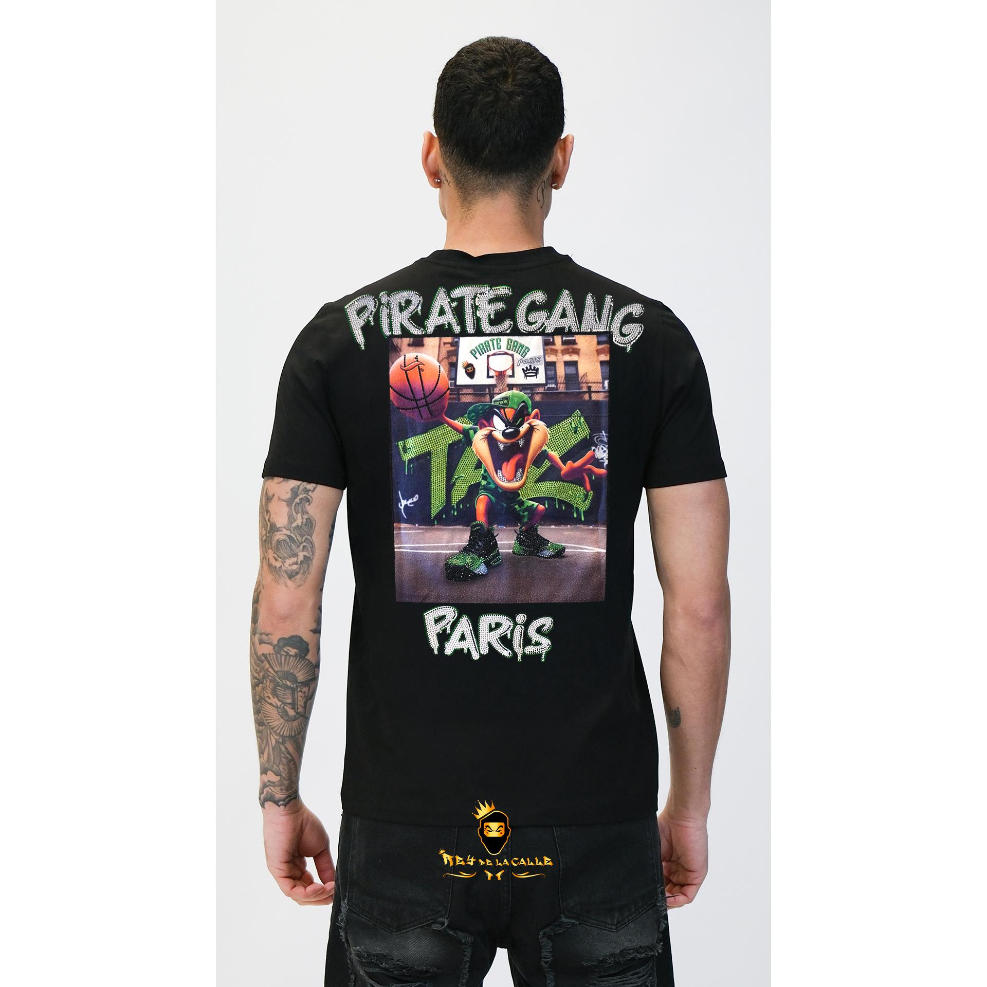 Camiseta Pirate Gang París Negra Terciopelo y Pedrería Brillante Taz