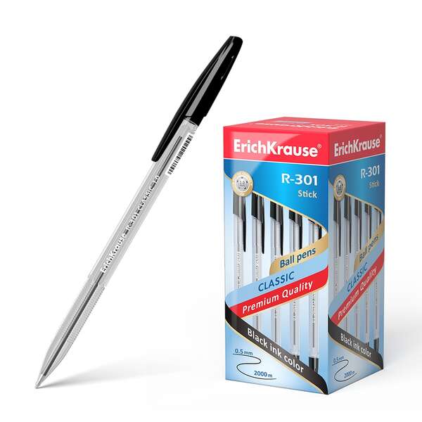 Erichkrause boligrafo r-301 classic stick 1.0 - cuerpo transparente hexagonal - punta de 1.0mm - tinta de secado rapido - color negro (50 uds)