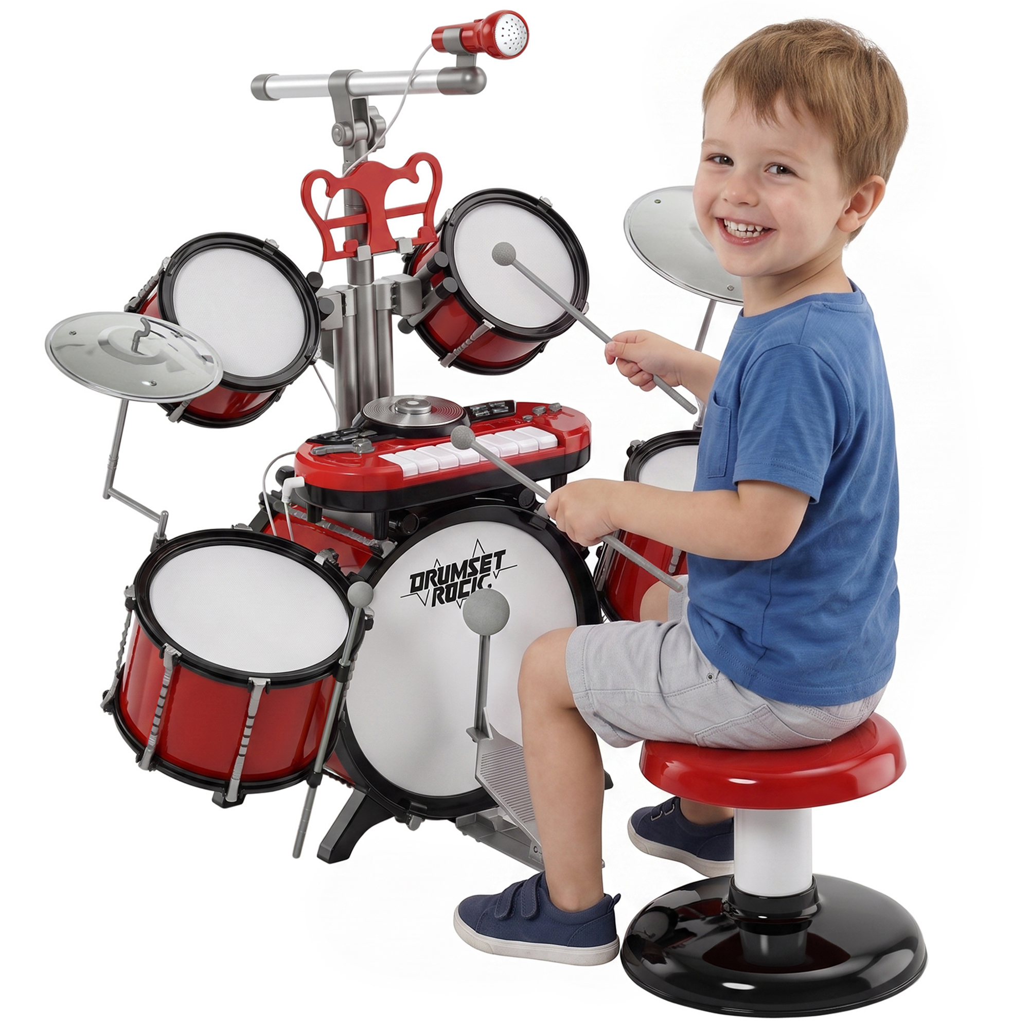 HOMCOM Batería Infantil con Taburete, Jazz Batería Infantil con 4 Tambores, Micrófono, Platos, Baquetas Teclado, Instrumento Musical para Niños +3 Años, Rojo