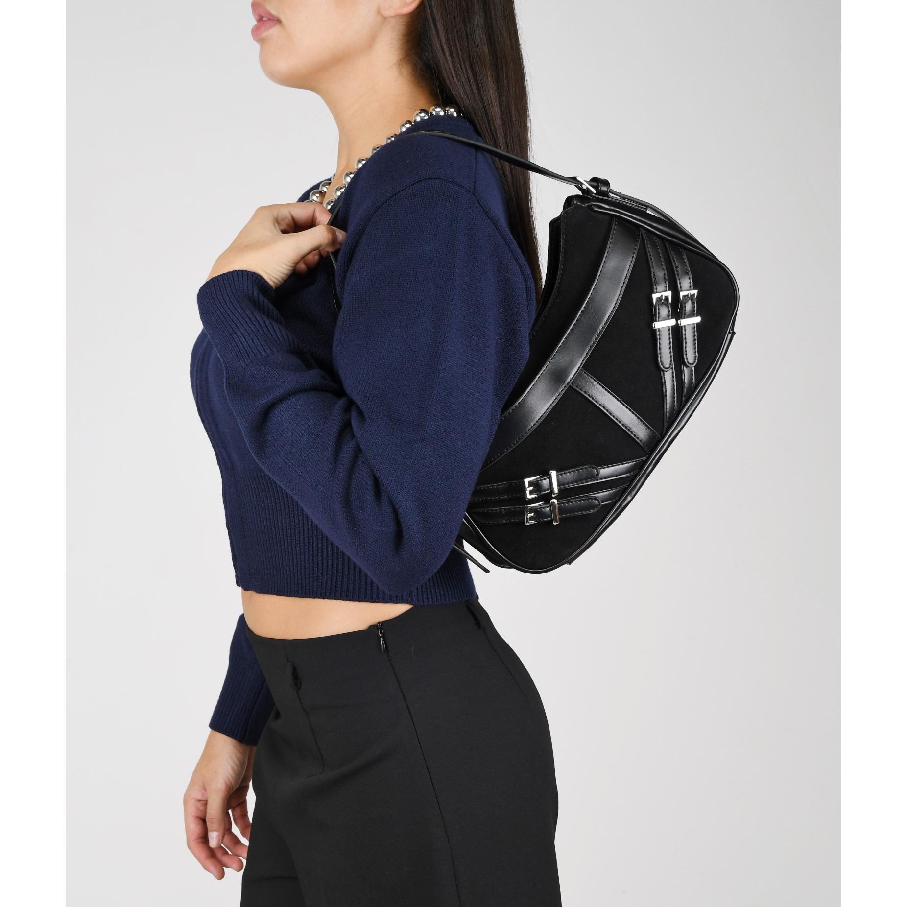Bosanova Bolso de hombro pequeño para mujer estilo vintage con un bolsillo frontal y detalle de cinturones con hebillas decorativas. Asa de hombro y cierre con cremallera.