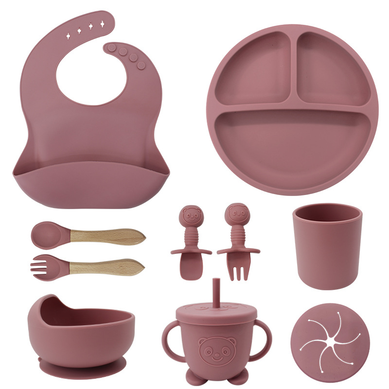 Vajilla de Bebé Silicona, 10 piezas de Vajilla Infantil, Cuadertos con Plato Sucker, Plato Bebe Ventosa,Tenedor con Mango De Madera, ，Bebe de silicona, Babero Set vajilla silicona Bebe