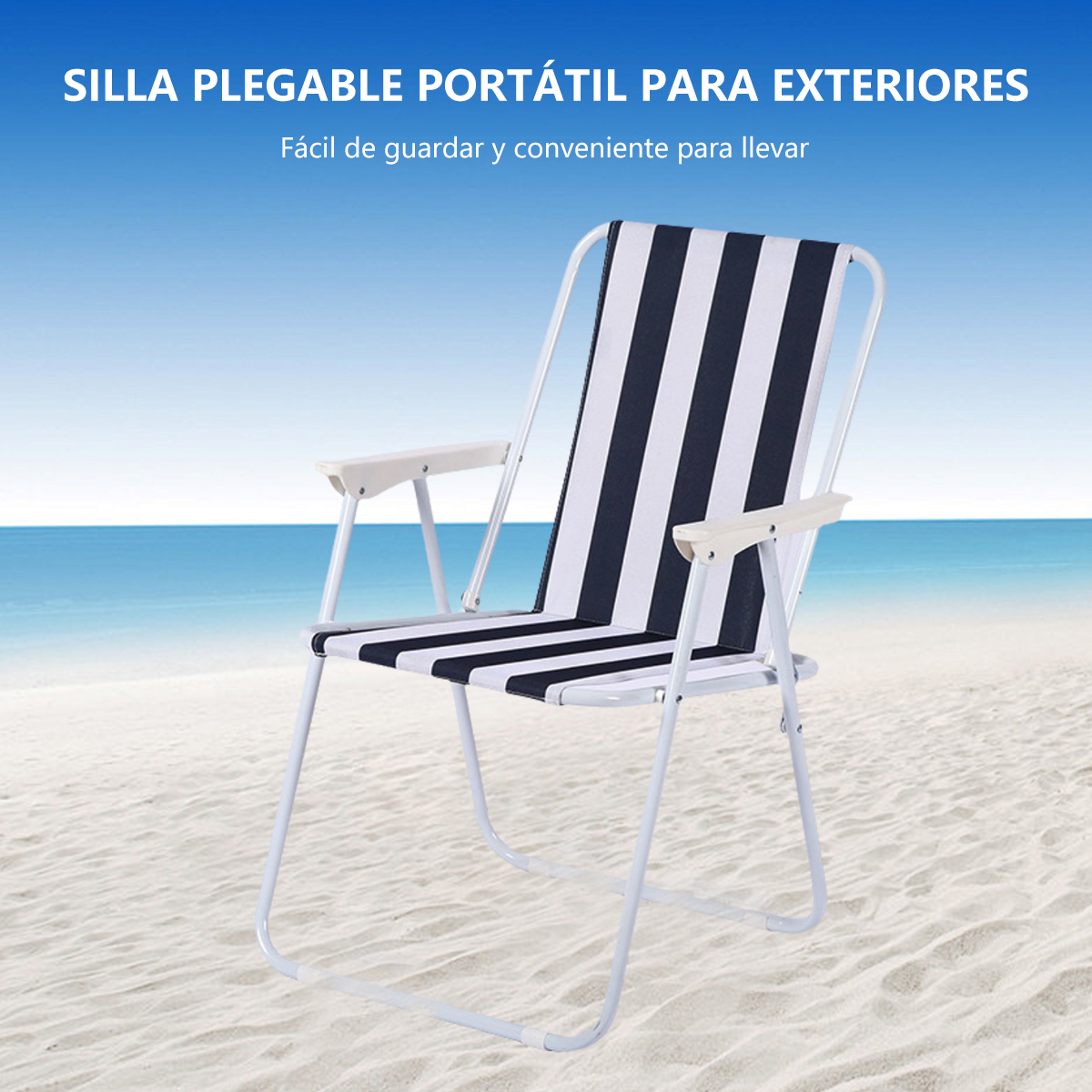 Silla plegable de rayas para exteriores y playa, con dimensiones de 40*50*73 cm. Ideal para viajes a la playa, vacaciones en la costa, acampar en el parque. Es plegable y cuenta con diseño ergonómico.