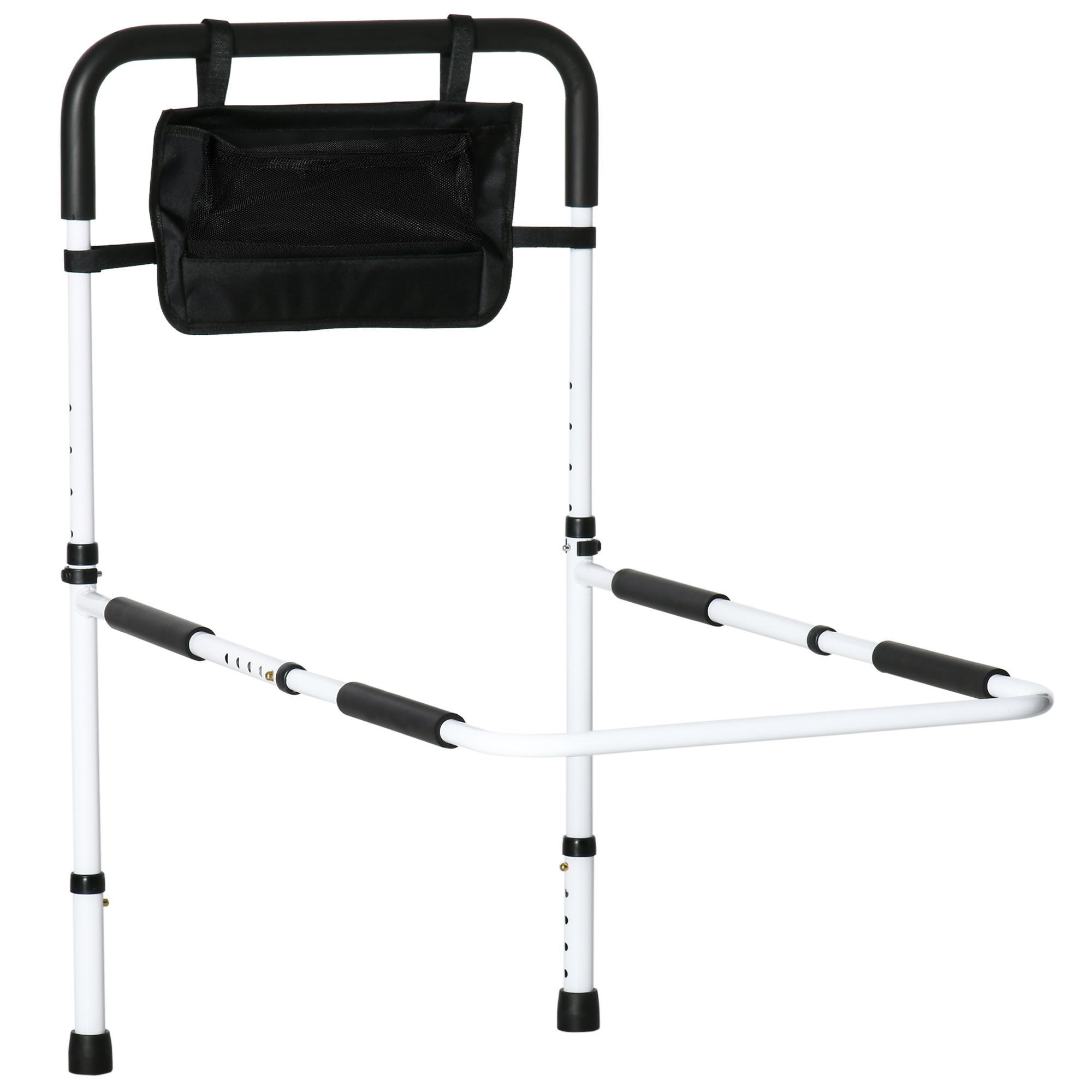 HOMCOM Barra de apoyo para cama en los pies, barrera de seguridad, protección ajustable, 5 alturas, bolsillo de almacenamiento, 52 x 85-95 x 71-102 cm, blanco y negro