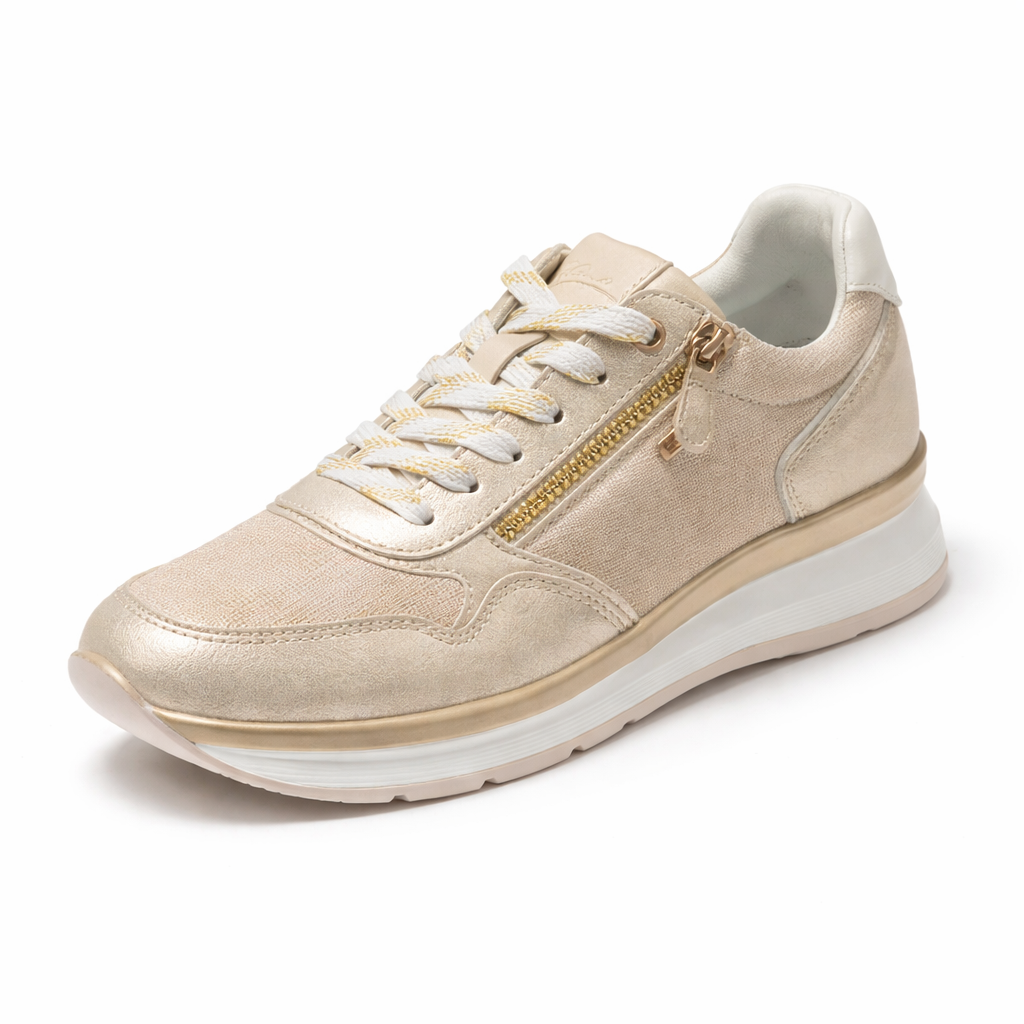 JOTA KA Sneakers Mujer Elegantes y Cómodas – Zapatillas Casual con Cremallera, Diseño Urbano Ligero para Caminar Diario (ORO / PLATA)