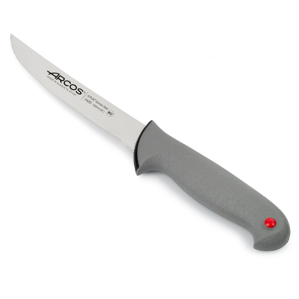 Arcos Cuchillo deshuesador Acero Inoxidable Nitrum y Hoja 150 mm. Cuchillo carnicero profesional para cortar huesos carne. Mango ergonómico polipropileno. Serie Color Prof. Color plateado.