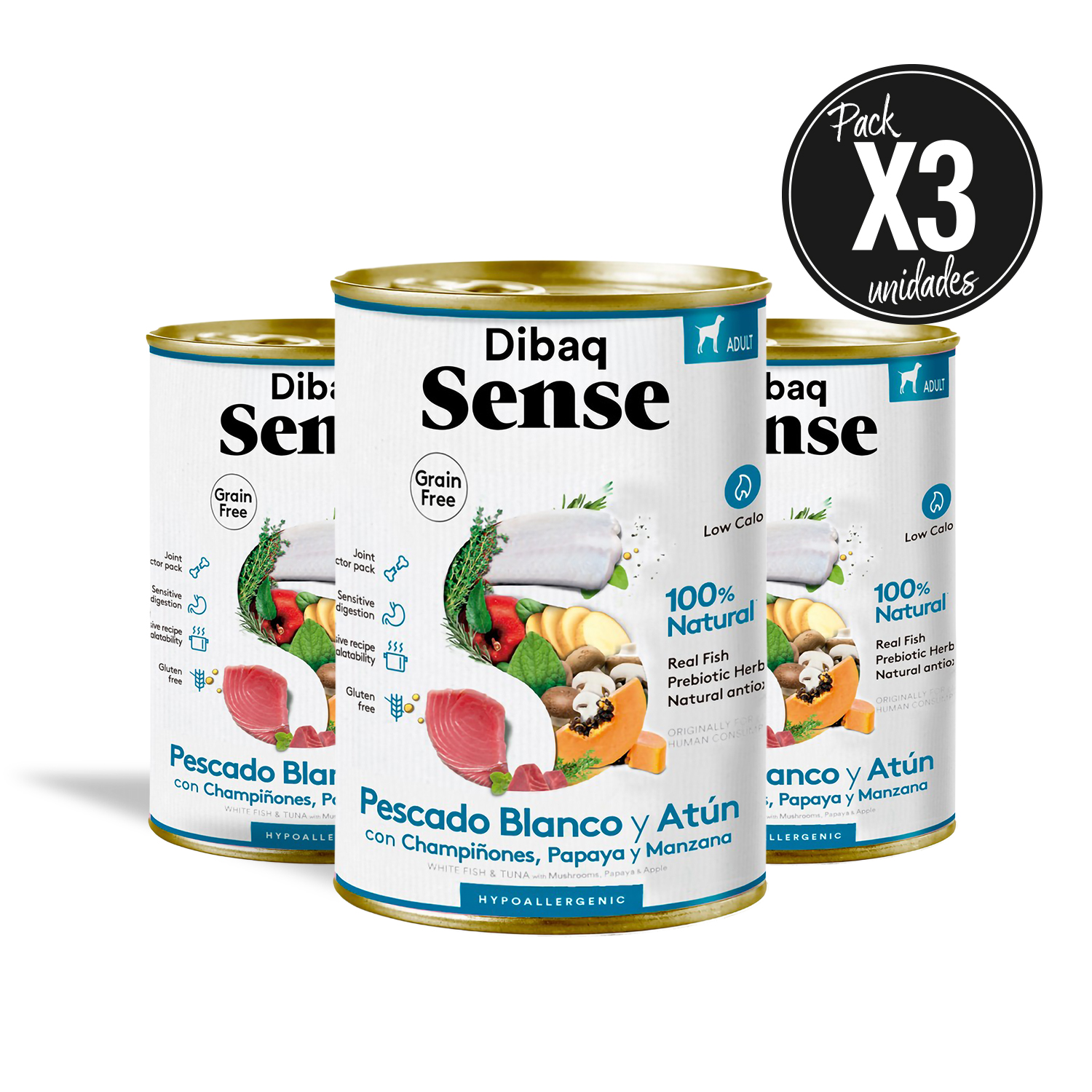 Dibaq Sense Dog, comida húmeda, pescado blanco y atún, sin cereales, pack 3 uds x 380 gr