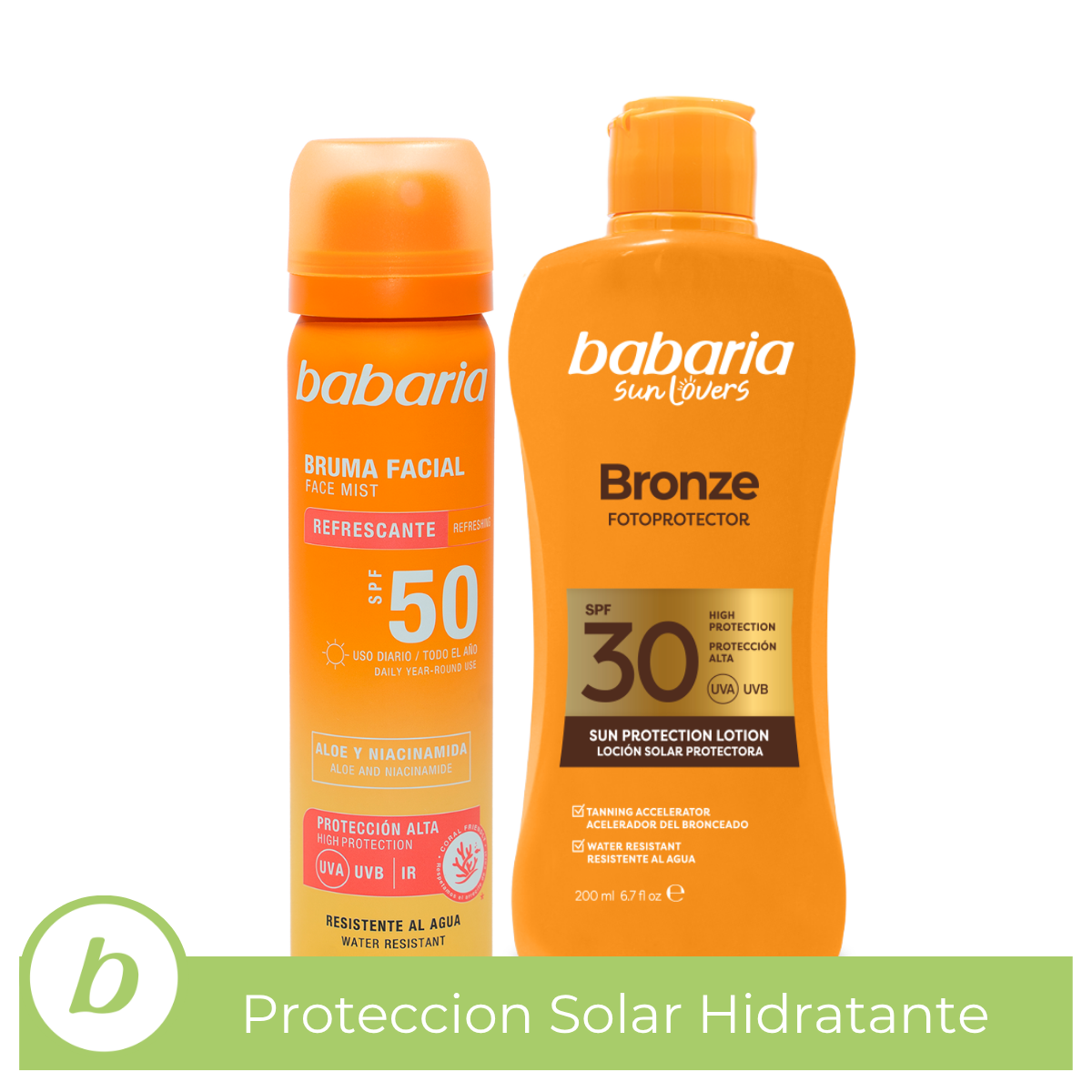 Babaria - Bruma Facial Protector Solar 50 + Protector Solar 30 Cuerpo | Hidratación y Protección Corporal Con Exoxomas|Coral Friendly Y Biodegradable | Resistente al Agua| Vegano | 75 ml