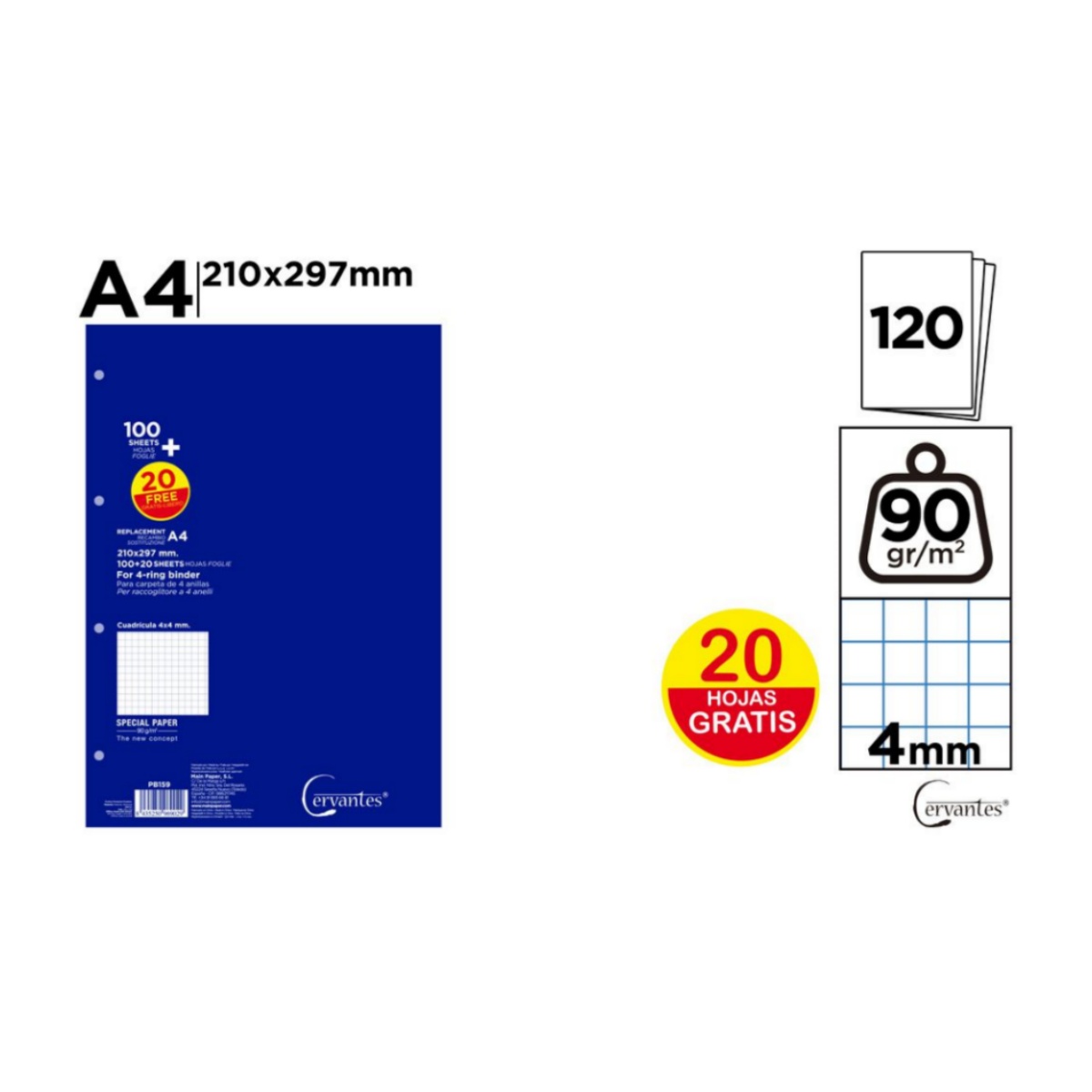 ZYLX SHOPPING – Recambio Hojas A4 90 g/m² Cervantes, 4 Taladros, Cuadrícula 4 mm, Resistentes y con Hojas Extra