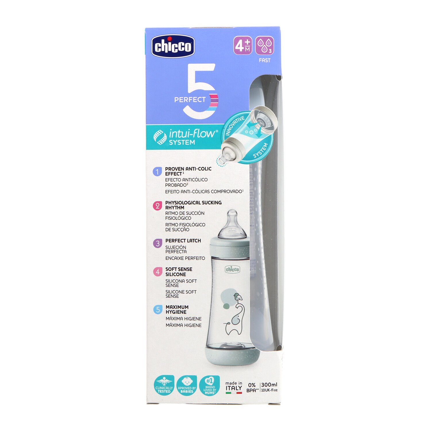 Chicco Perfect 5 Biberón Biofuncional Anticólicos Tetina Silicona Neutro 4m+ 300ml