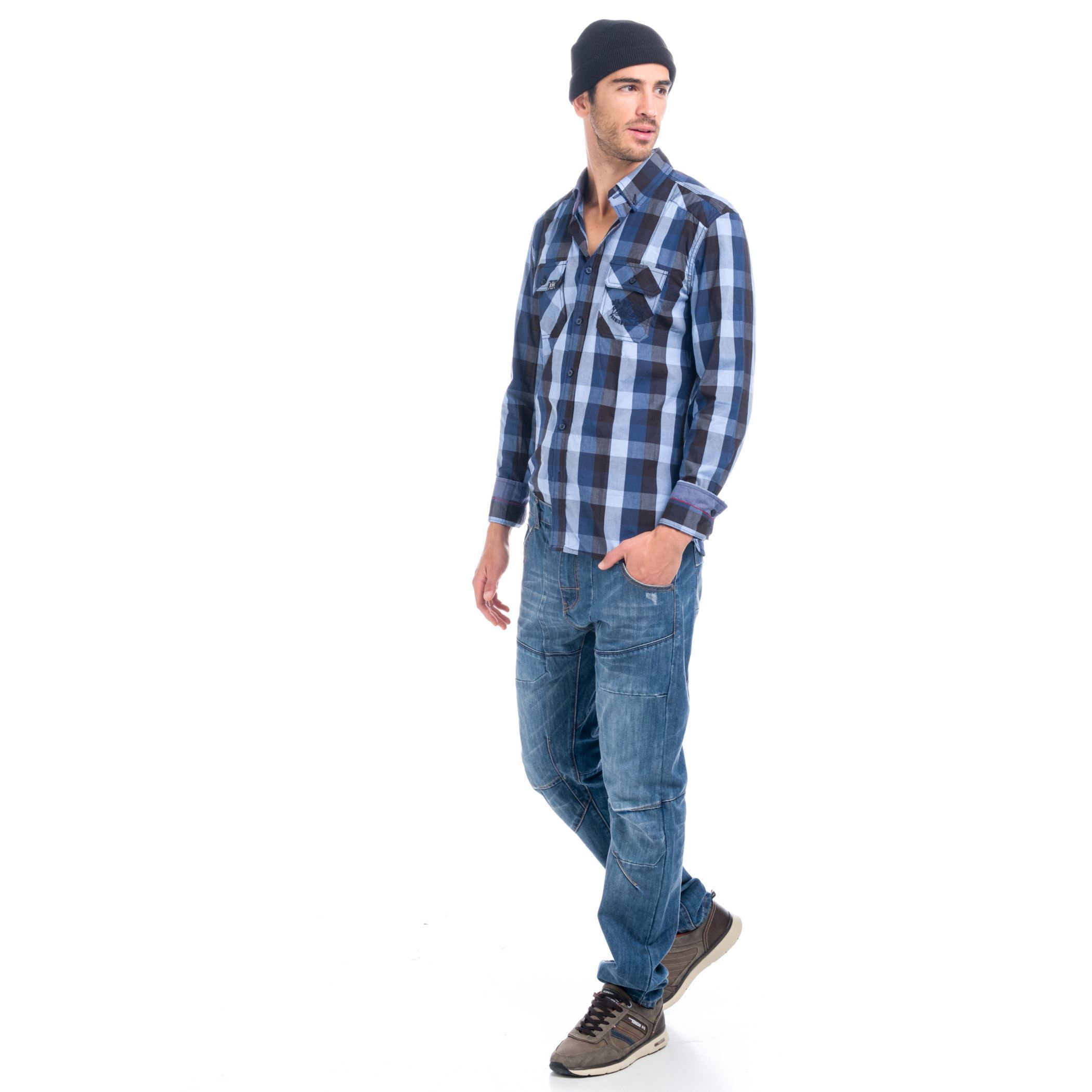 Koroshi - Camisa manga larga de cuadros para hombre, 100% algodón con doble bolsillo en el pecho y letras bordadas, estilo workwear casual
