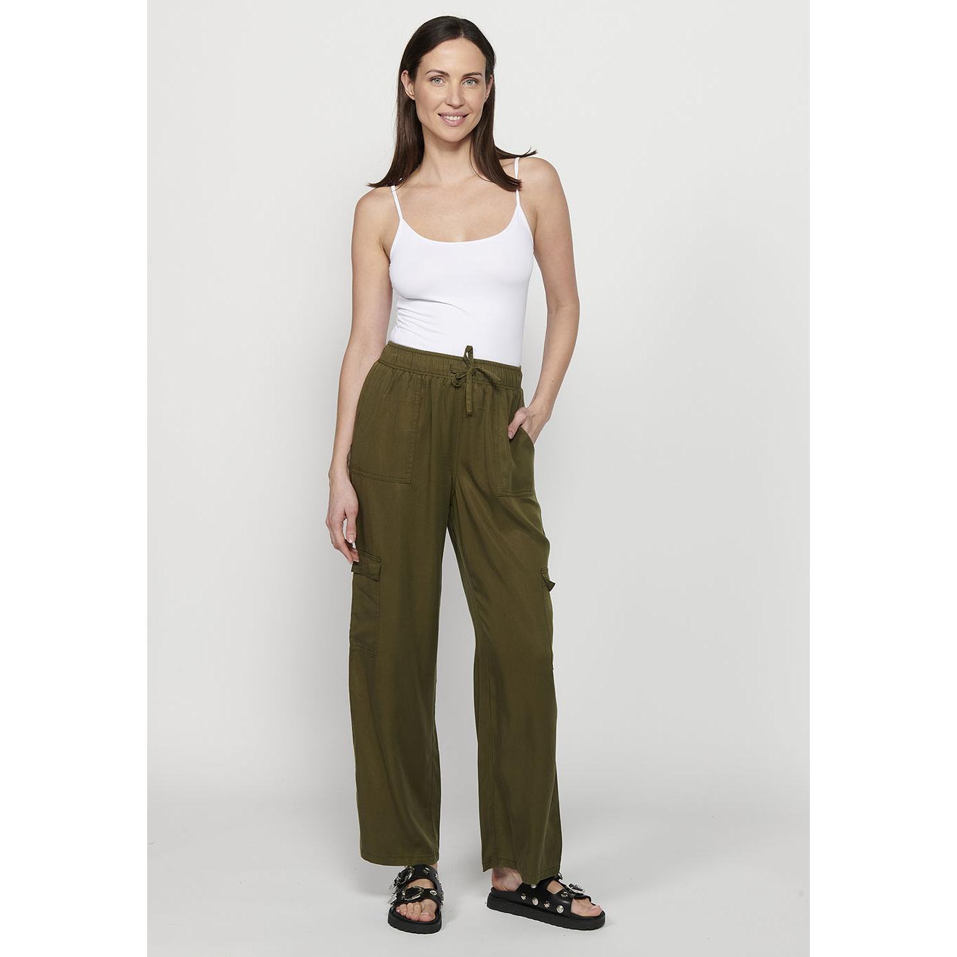 Koroshi - Pantalón jogging 2412PT87 de lyocell para mujer con cintura elástica, cómodo y elegante color beige