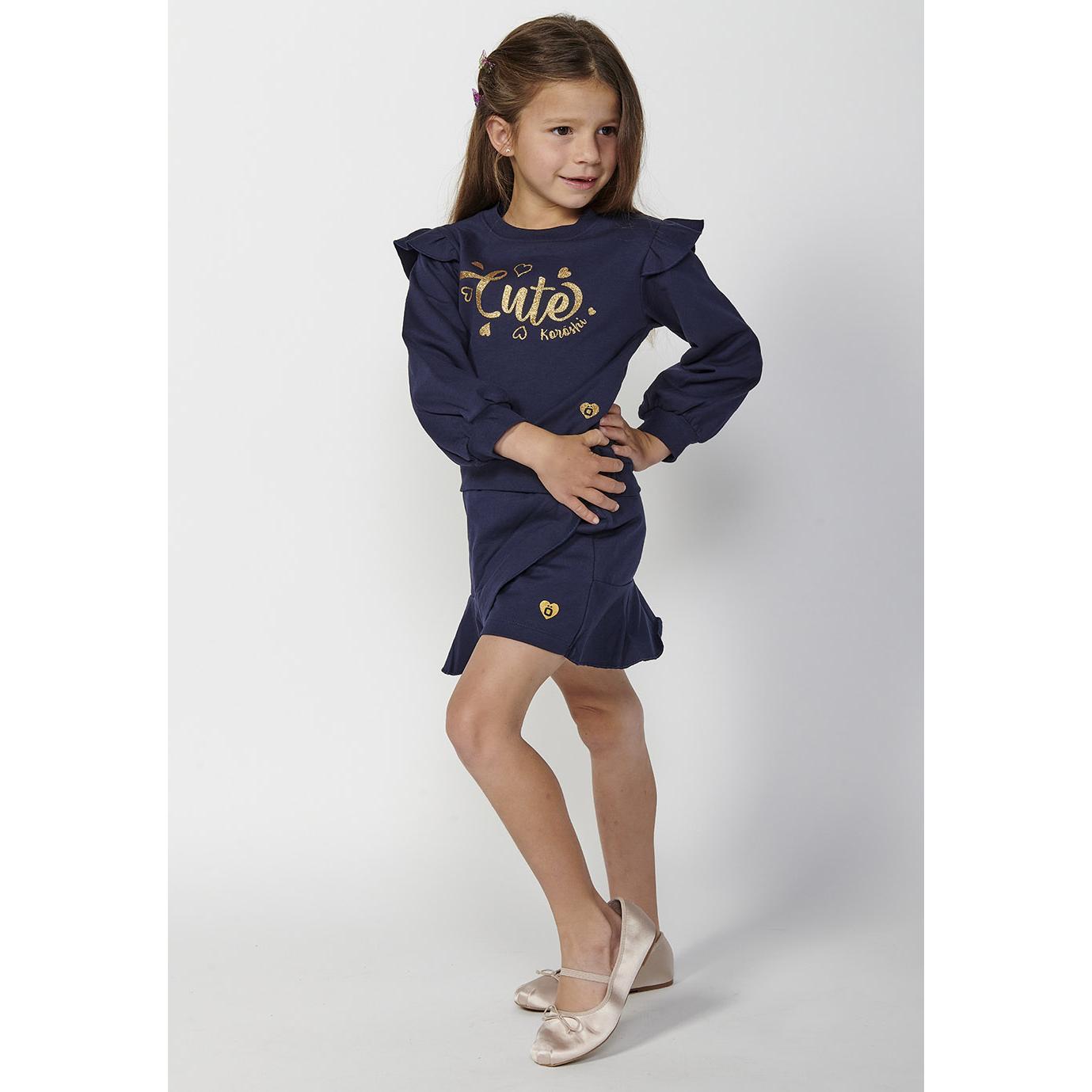 Koroshi - Sudadera con volantes para niña de felpa 95% algodón y 5% elastano, diseño romántico en azul marino