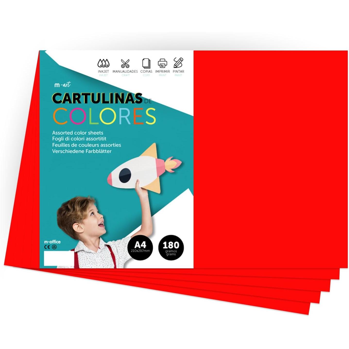 Cartulina de Colores, Cartulina A4 Colores Intensos, Hojas de Colores 180gr para Manualidades, Imprimir tus Documentos y Diseños Creativos, Folios de Colores A4 · m-office