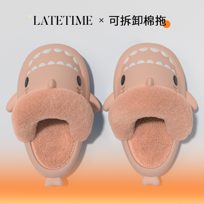 CA Pantuflas de algodón de tiburón extraíbles para hombres, otoño e invierno, hogar, fondo suave, antideslizantes, cálidas y terciopelo, pantuflas de algodón para parejas para mujeres.
