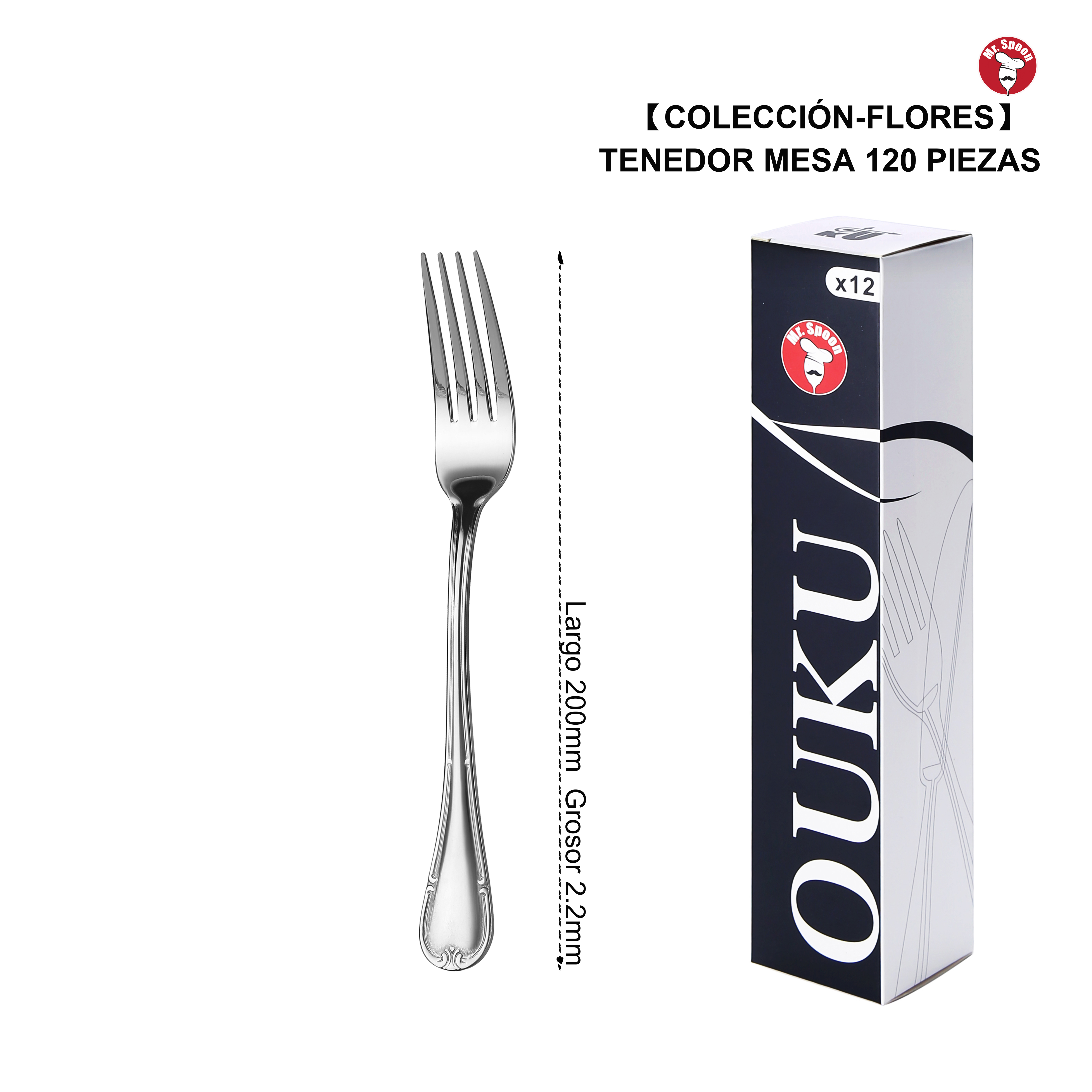 Mr.Spoon Serie Flores Tenedores de 12, 48 o 120 piezas,Acero inox18/0,Económico y funcional,Tenedor mesa 200mm,tenedor fruta 175mm,tenedor postre y aperitivo 150mm/135mm,Mango monobloque,Apto para lavavajillas,Empaque ecológico,Para casa,hotel,restaurante