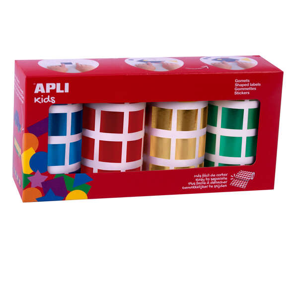 Apli gomets cuadrados metalizados - tamaño 20mm - adhesivo permanente - 4 rollos con 5.640 gomets en colores surtidos