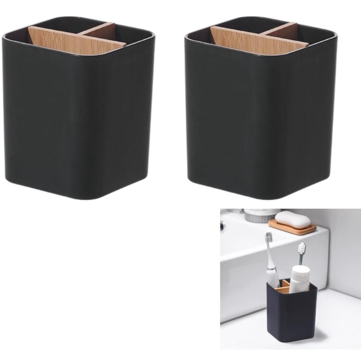 2 piezas - Soporte para cepillos de dientes - Soporte de bambú para cepillos de dientes para baño - Organizador de encimera para baño - Resistente y duradero - Negro - Apto para cepillos de dientes eléctricos, pasta de dientes e irrigadores bucales