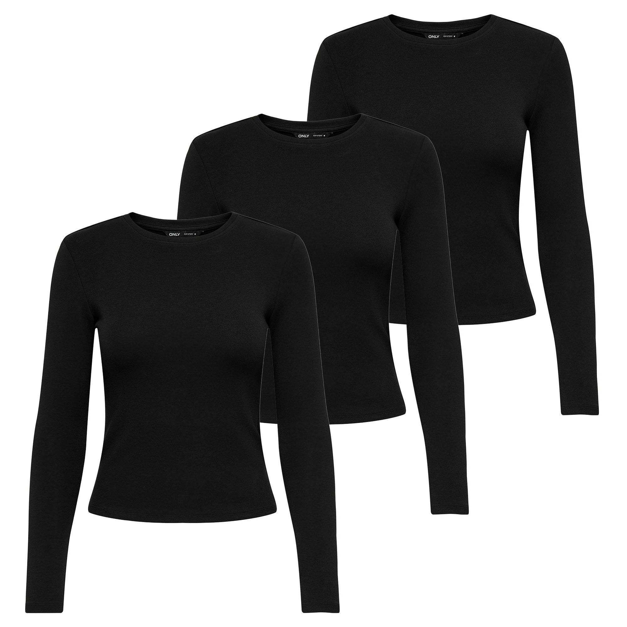 ONLY Camiseta de manga larga para mujer paquete de 3 - ONLRILEY O-NECK TOP, manga larga, cuello redondo, algodón elástico ONLRILEY O-NECK TOP 3P