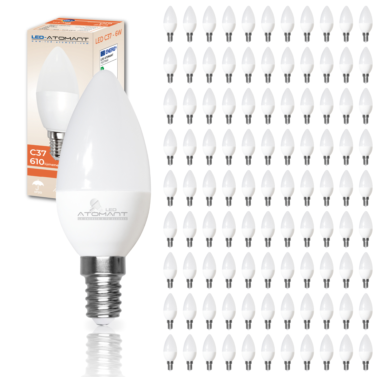 LED ATOMANT Bombilla LED tipo Vela C37 con casquillo E14, 6W de potencia y 610 lúmenes, ideal para lámparas decorativas, apliques y candelabros. Luz eficiente y de bajo consumo, encendido instantáneo y diseño compacto