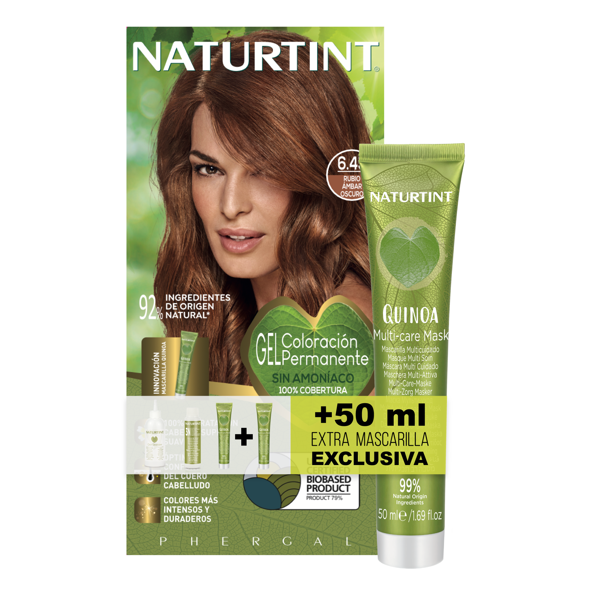NATURTINT Biobased, Coloración Permanente Sin Amoniaco + Extra Mascarilla 50ml, 100% Cobertura de Canas, Tinte para el Cabello con Ingredientes Naturales, Color Intenso, Natural y Duradero 170ml