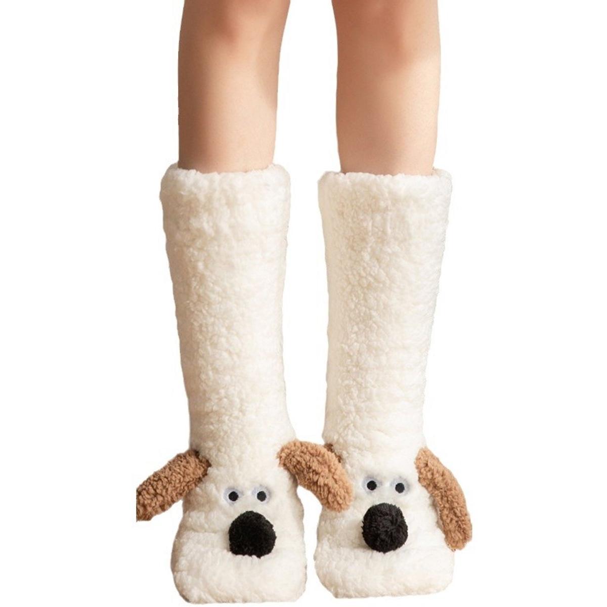 Calcetines de felpa para mujer - suela antideslizante - forro polar coral ultracálido - bonito estampado de cachorros - calcetines para estar en casa - regalo de invierno - calcetines de felpa cálidos para botas - blanco