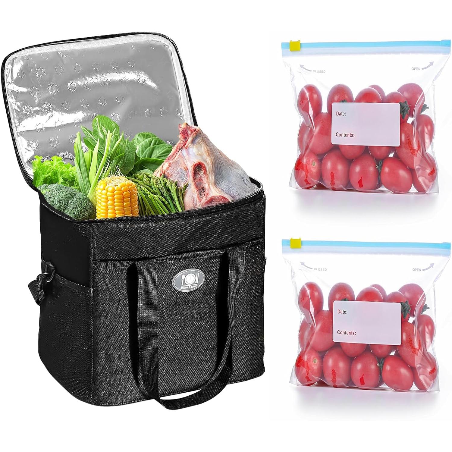 Bolsa Térmica Plegable Para Picnic de 16 L, con Múltiples Bolsillos, Impermeable y a Prueba de Fugas, Reutilizable, con Correa Ajustable para el Hombro, Ideal para Camping, Picnic, Barbacoa y Viajes, INCLUYE 10 BOLSAS CON CIERRE HERMETICOS