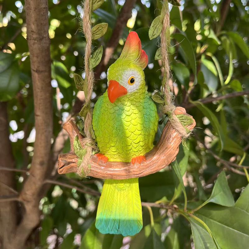 Colgante decorativo de loro en columpio - Figura de resina para jardín, balcón y exteriores