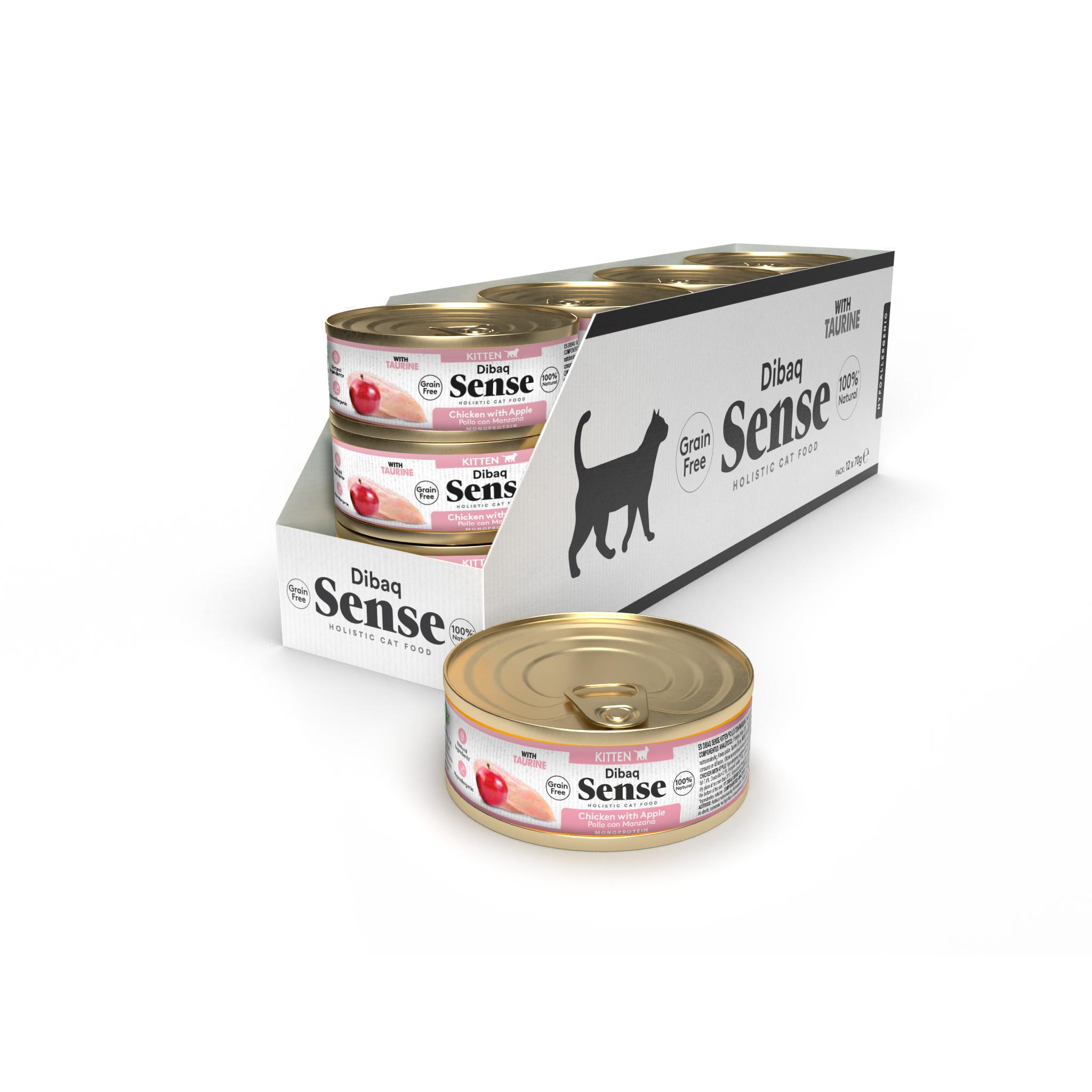 Dibaq Sense Cat, comida húmeda, kitten, gatito, pollo con Manzana, sin cereales, pack 12 uds x 70 gr