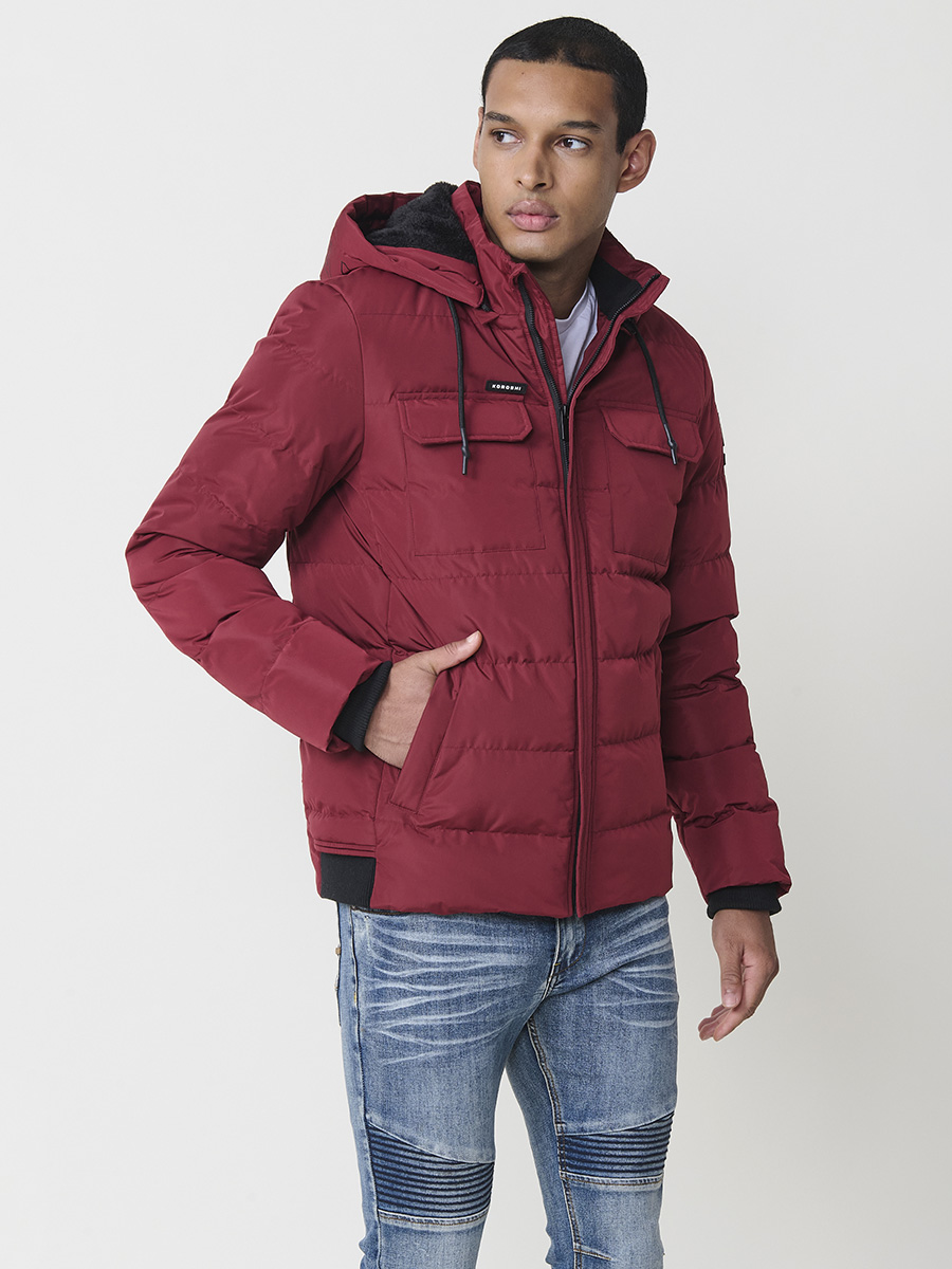 Koroshi - Chaqueta acolchada hombre con capucha estilo field jacket de 100% poliéster resistente y cálida, negro, azul, granate o gris perla