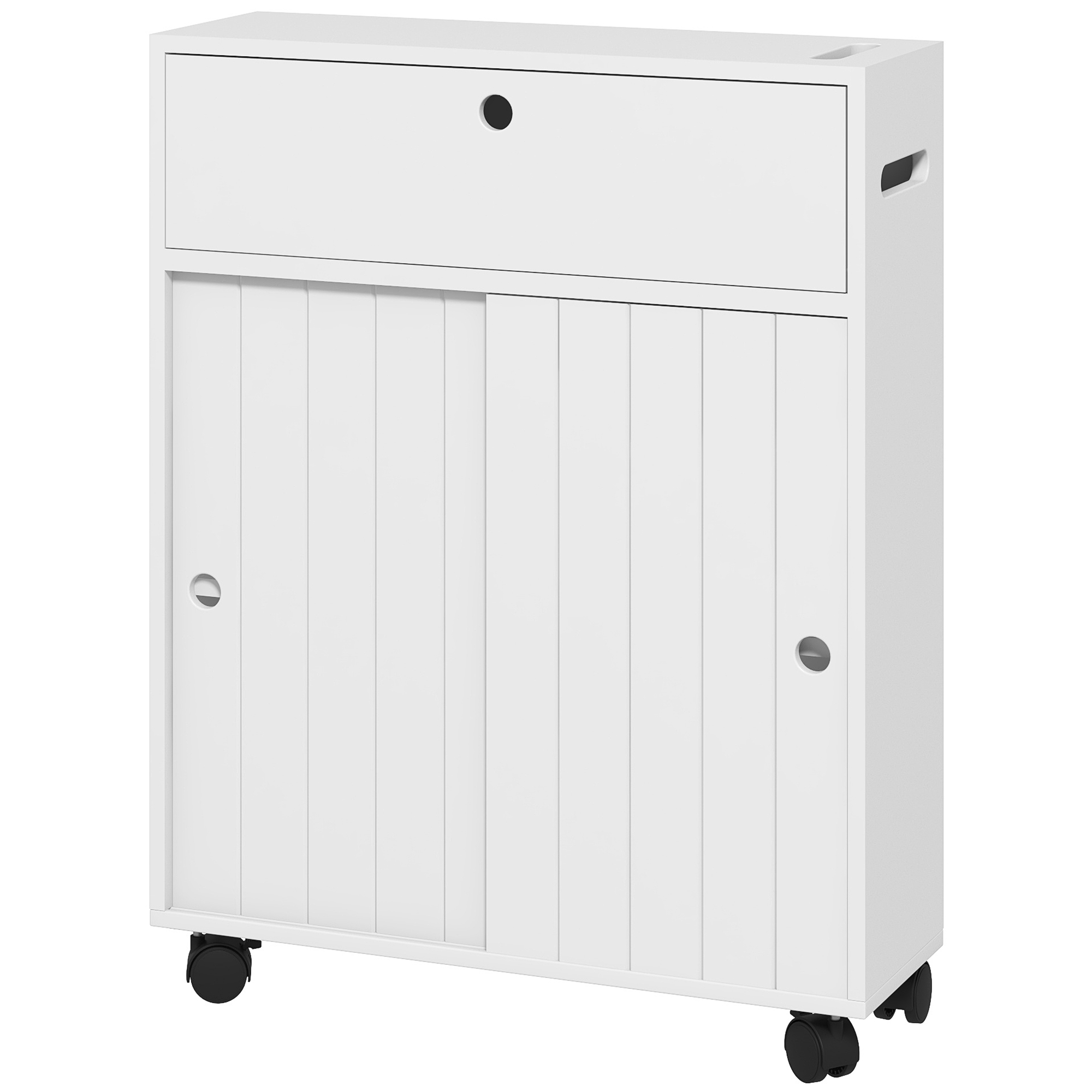 kleankin Mueble Auxiliar Baño Moderno Armario de Baño con 4 Ruedas 2 Agujeros para Papel 2 Armarios y Estantes Ajustables Mueble Auxiliar de Almacenaje para Salón 52x17x67 cm Blanco