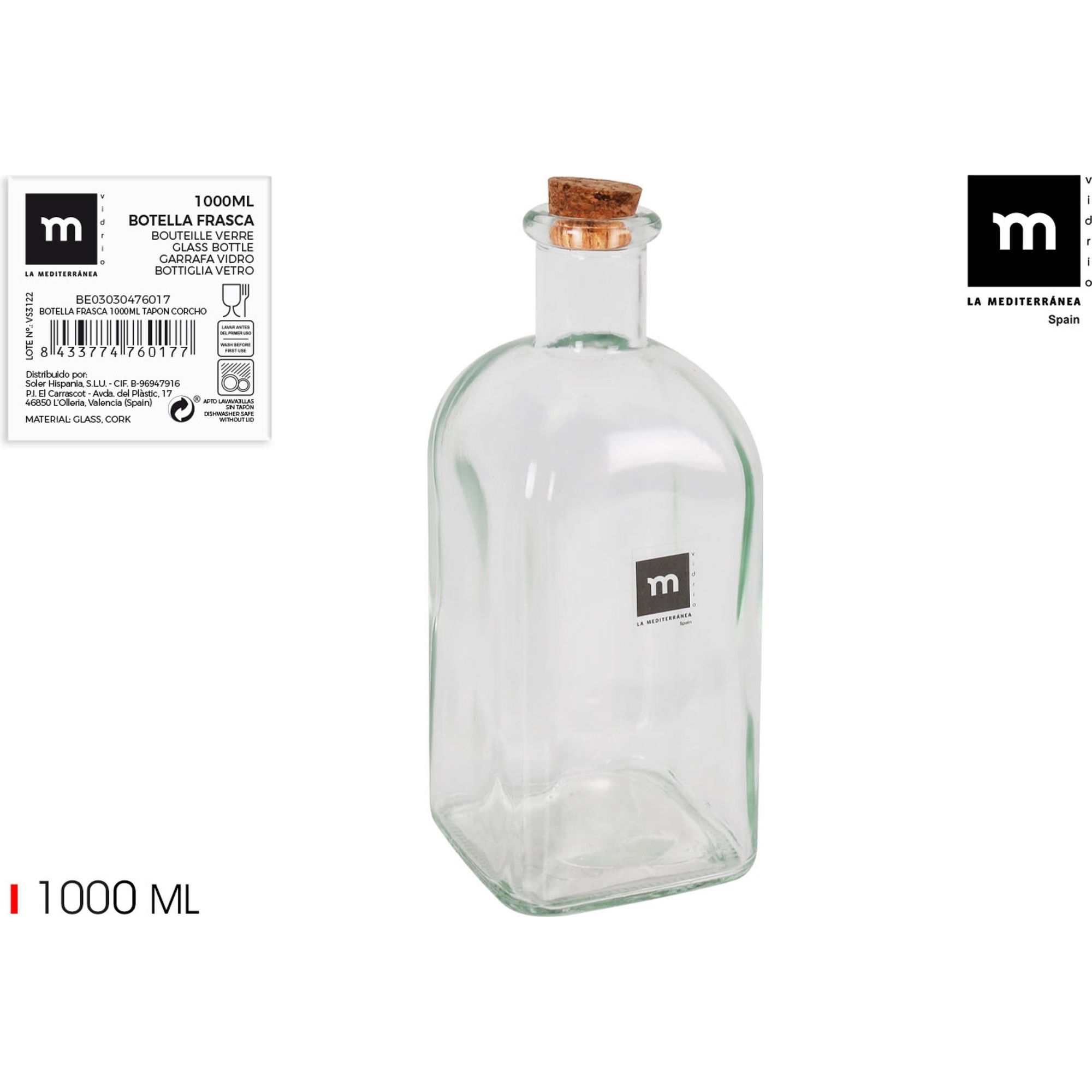 La Mediterránea - Botella de vidrio 1000ml con tapón de corcho - Elegante y funcional, duradera y versátil. Perfecta para conservar frescura.