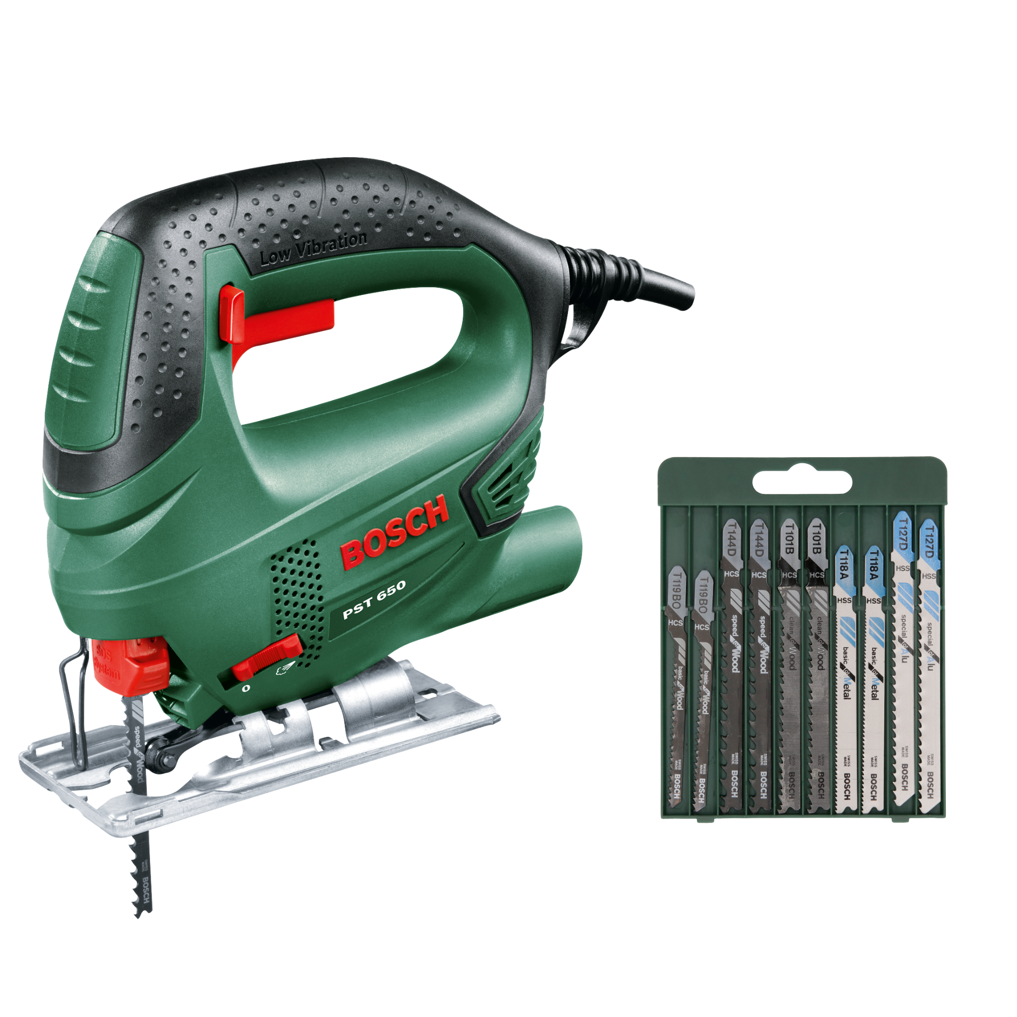 Bosch - Pack Sierra de Calar + Set 10 hojas sierra de calar para madera - PST 650 - 500W de Potencia, 65mm en Madera, Incluye Hoja de Sierra y Maletín