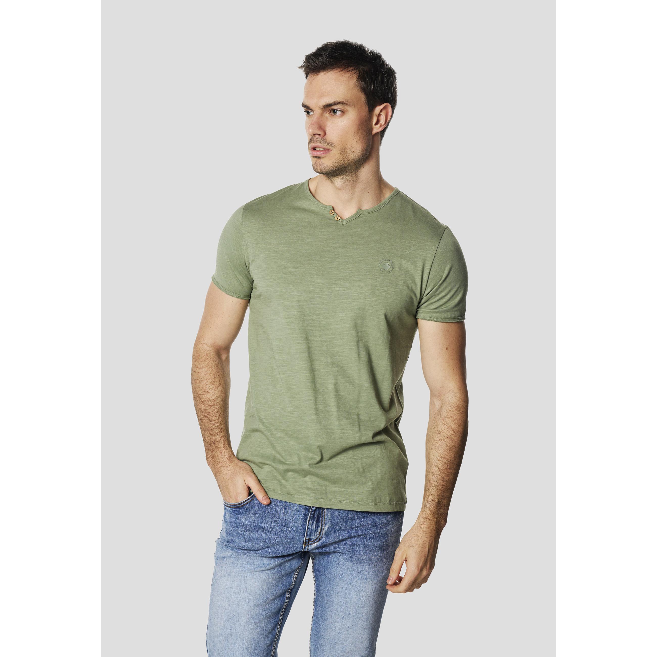 Koroshi - Camiseta hombre manga corta Henley de 100% algodón con cuello abertura y botones, corte regular, colores kaki rosa crudo y menta